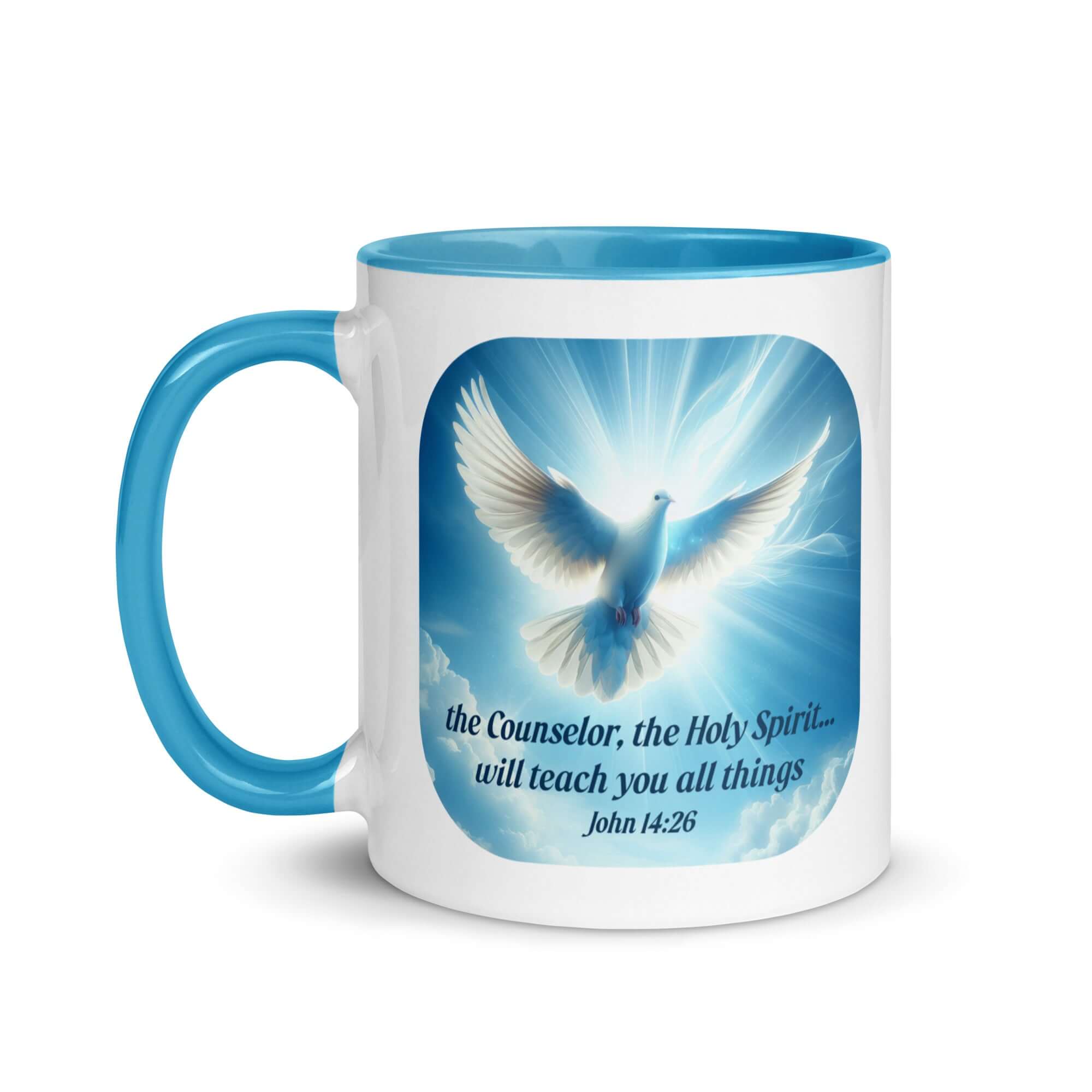 John 14:26 Bible Verse, Holy Spirit Dove White Ceramic Mug with Color Inside