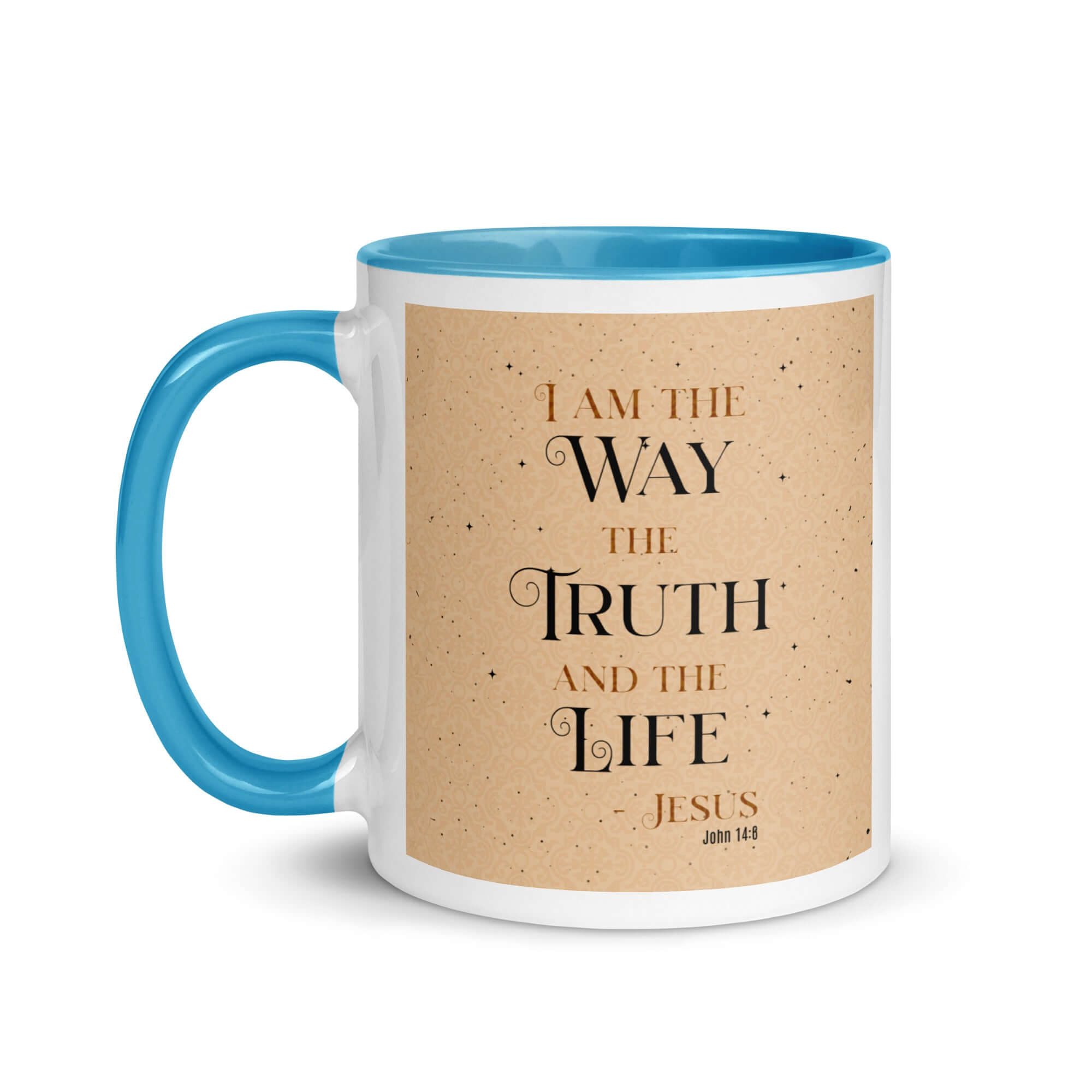 John 14:6 Bible Verse, Color Text Brown Background White Ceramic Mug with Color Inside