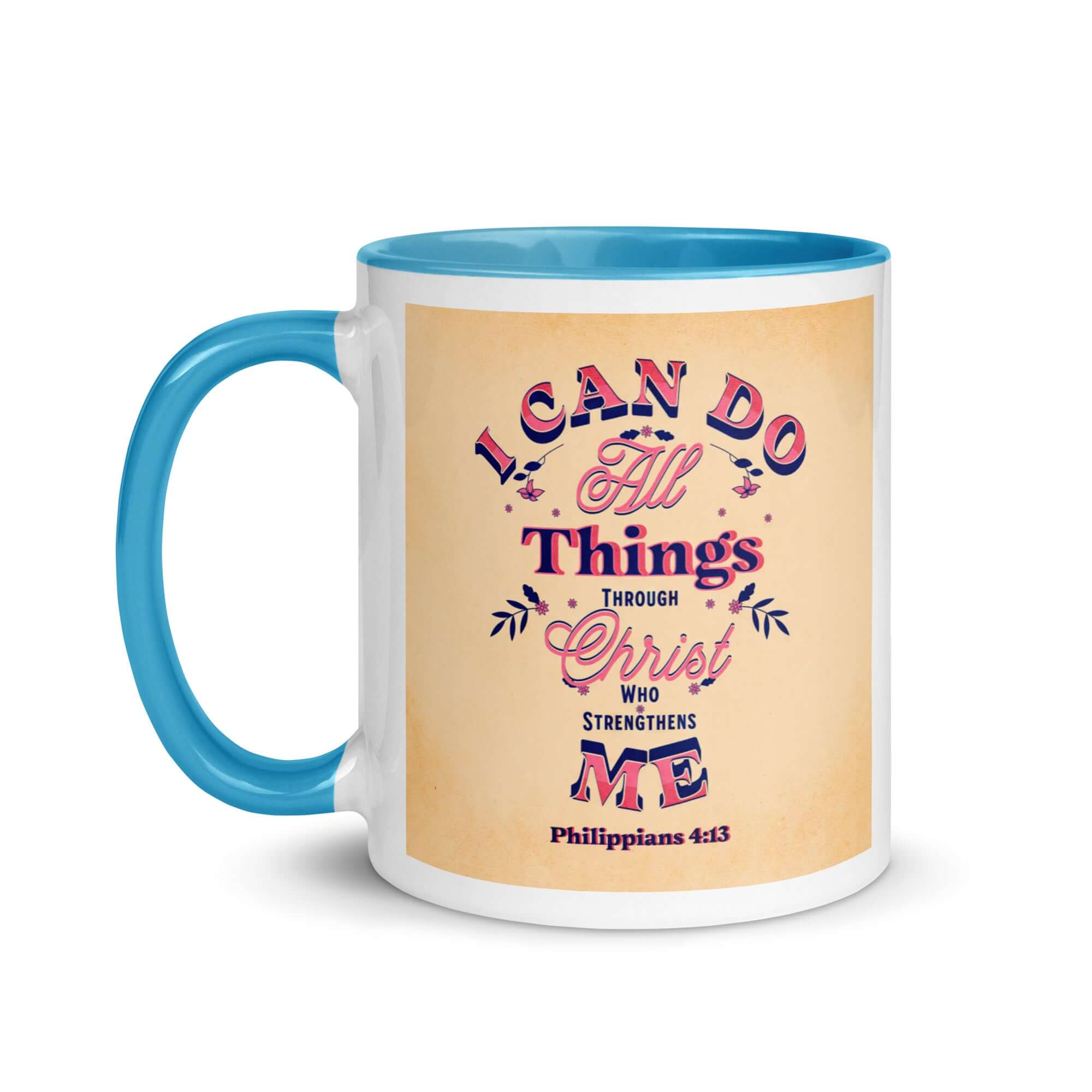 Philippians 4:13 Bible Verse, Christ Strengthens Me White Ceramic Mug with Color Inside