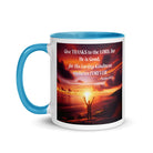Psalm 107:1 Bible Verse, Give Thanks to the Lord White Ceramic Mug with Color Inside