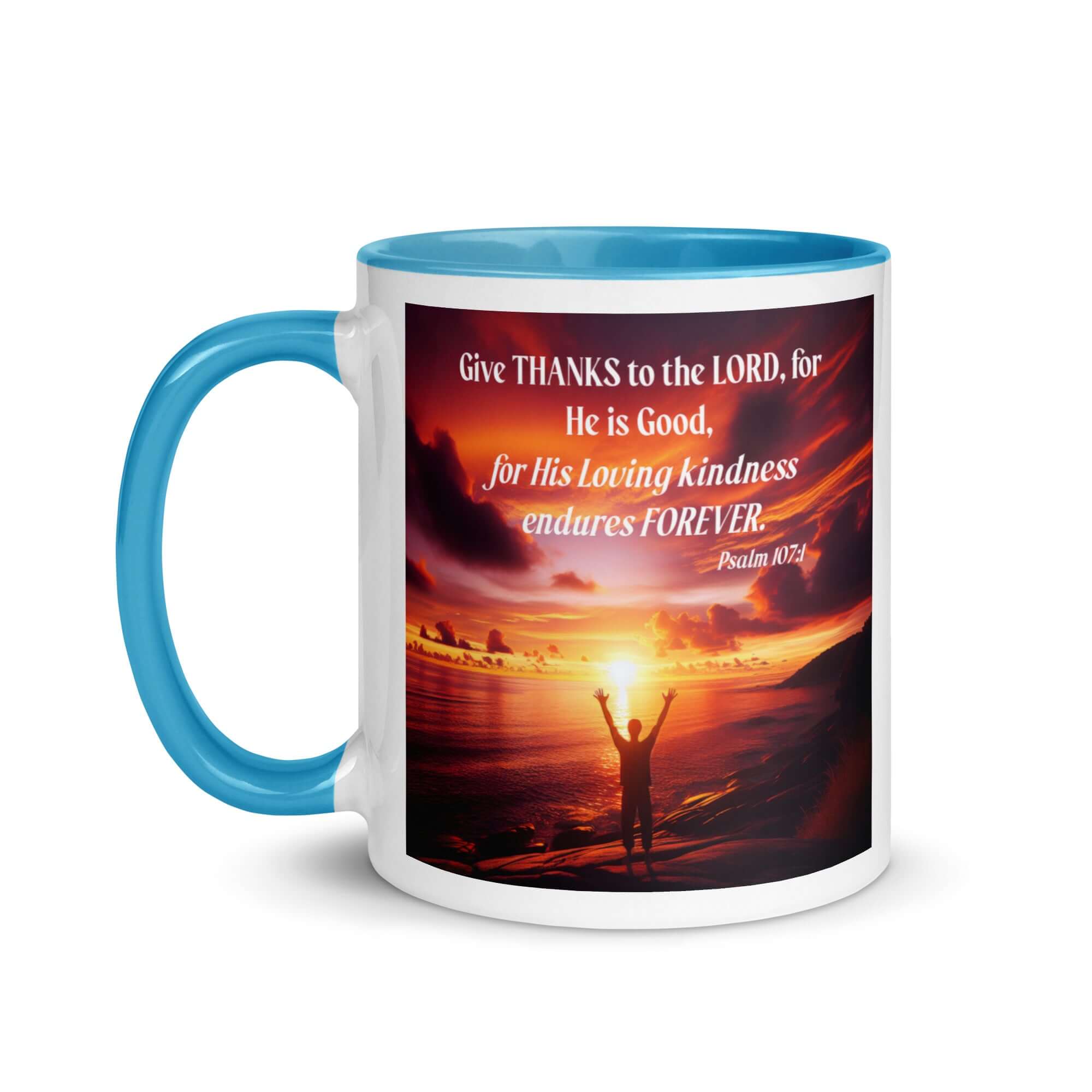 Psalm 107:1 Bible Verse, Give Thanks to the Lord White Ceramic Mug with Color Inside