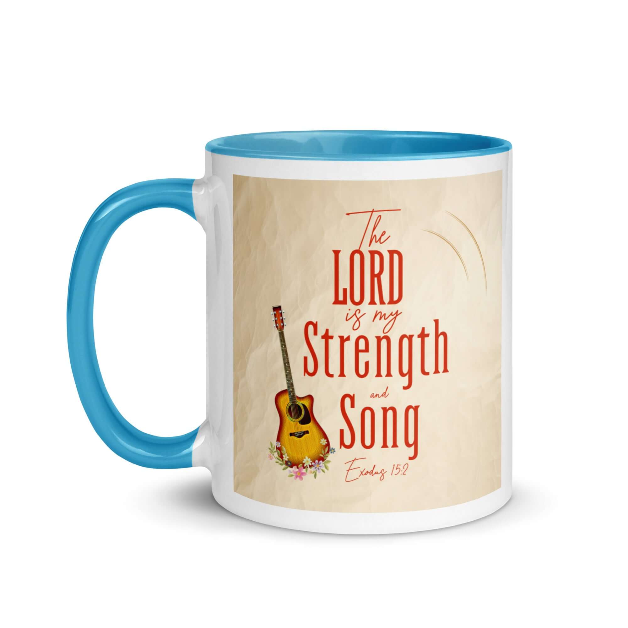 Exodus 15:2 Bible Verse, The LORD is my strength White Ceramic Mug with Color Inside
