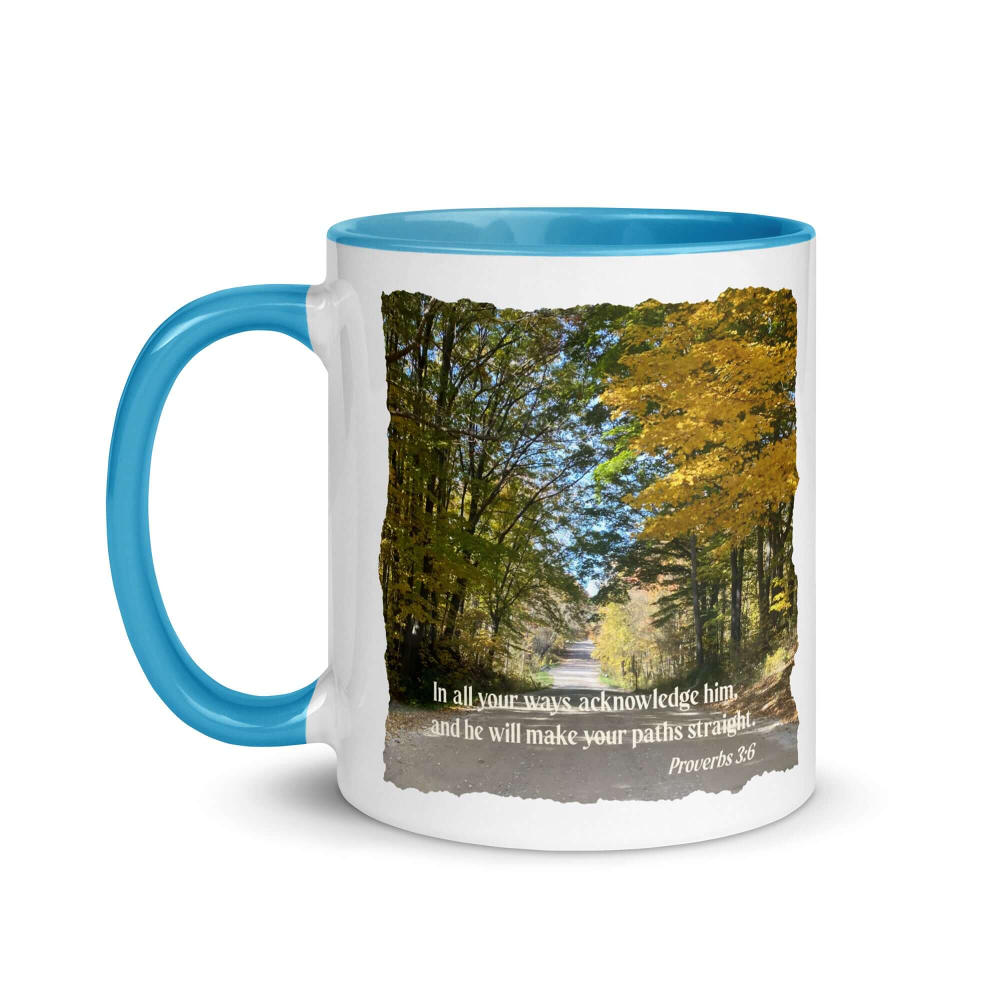 Proverbs 3:6 Bible Verse, Fall Road White Ceramic Mug with Color Inside