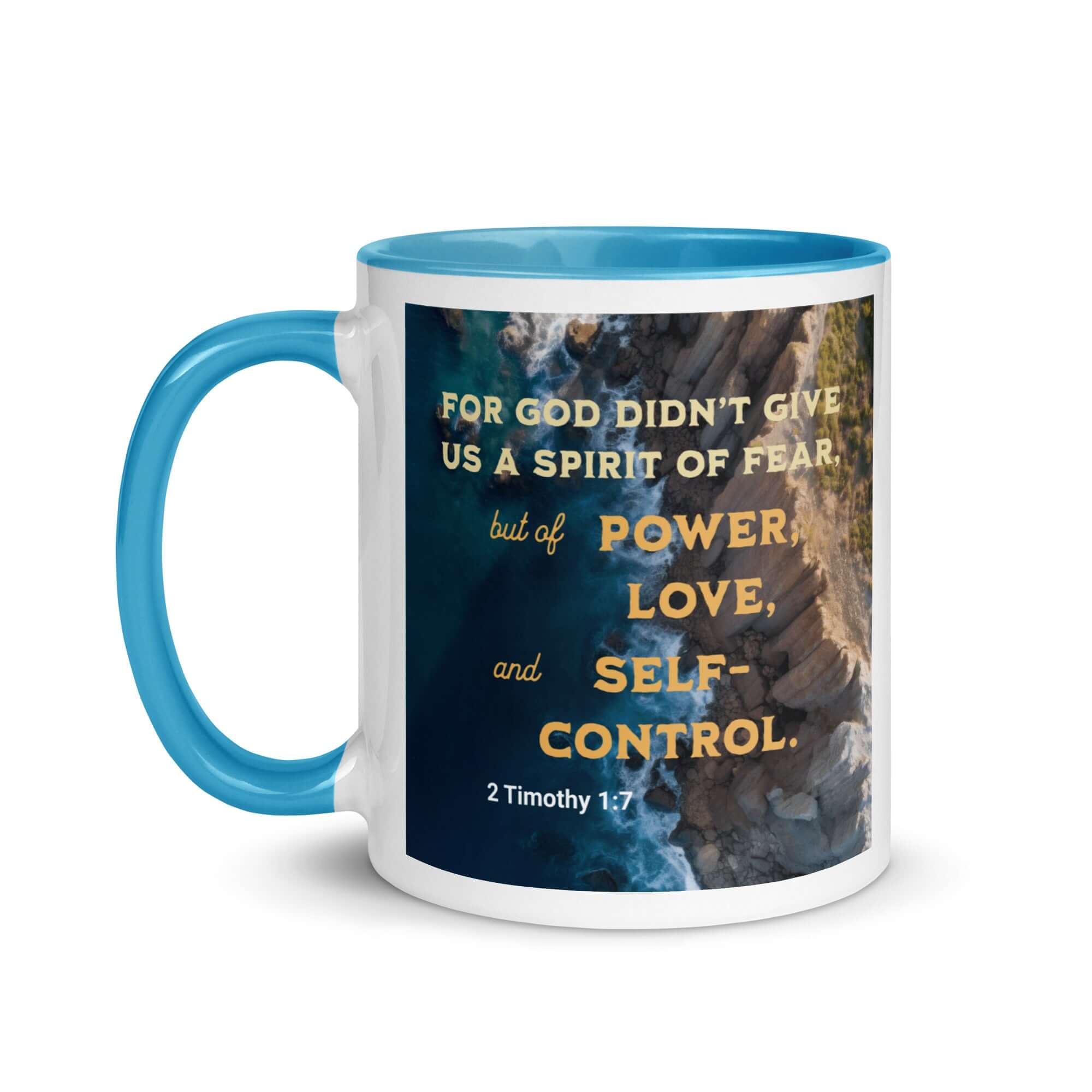 2 Timothy 1:7 Bible Verse, Power, Love, Self-Control White Ceramic Mug with Color Inside