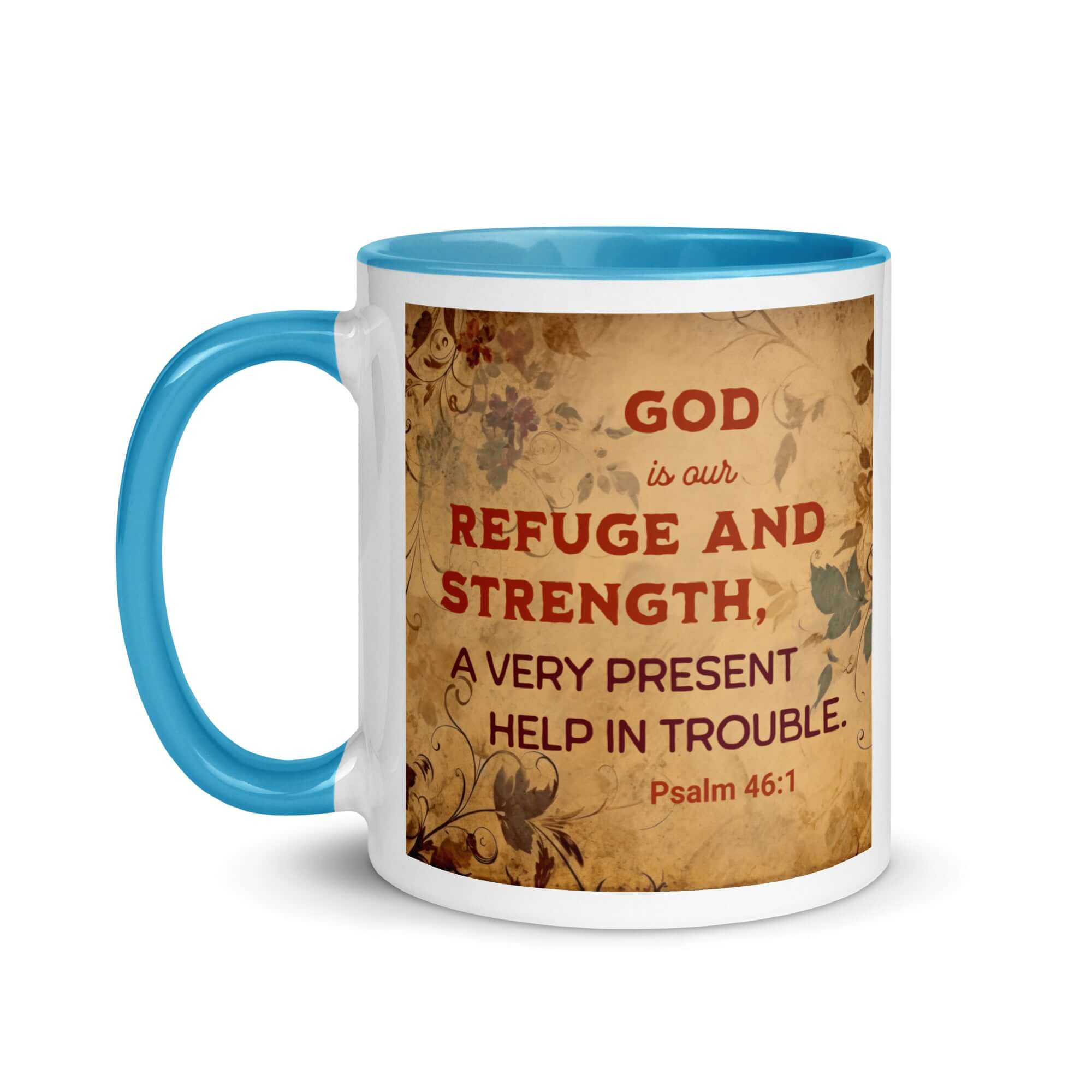 Psalm 46:1 Bible Verse, God is Our Refuge White Ceramic Mug with Color Inside
