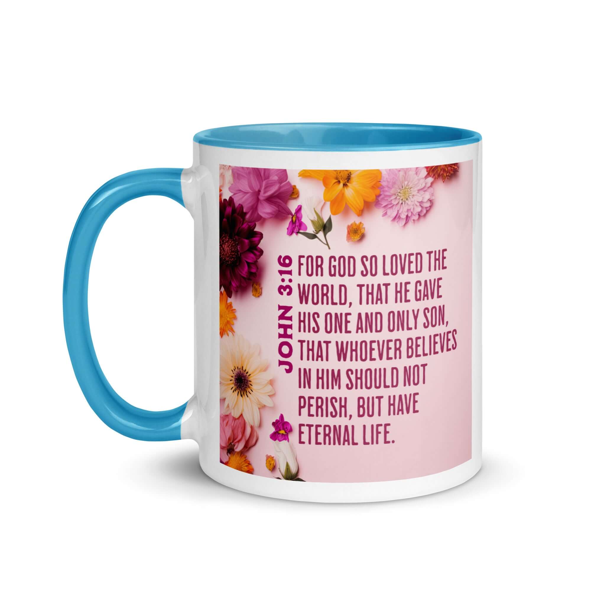 John 3:16 Bible Verse, For God So Loved White Ceramic Mug with Color Inside