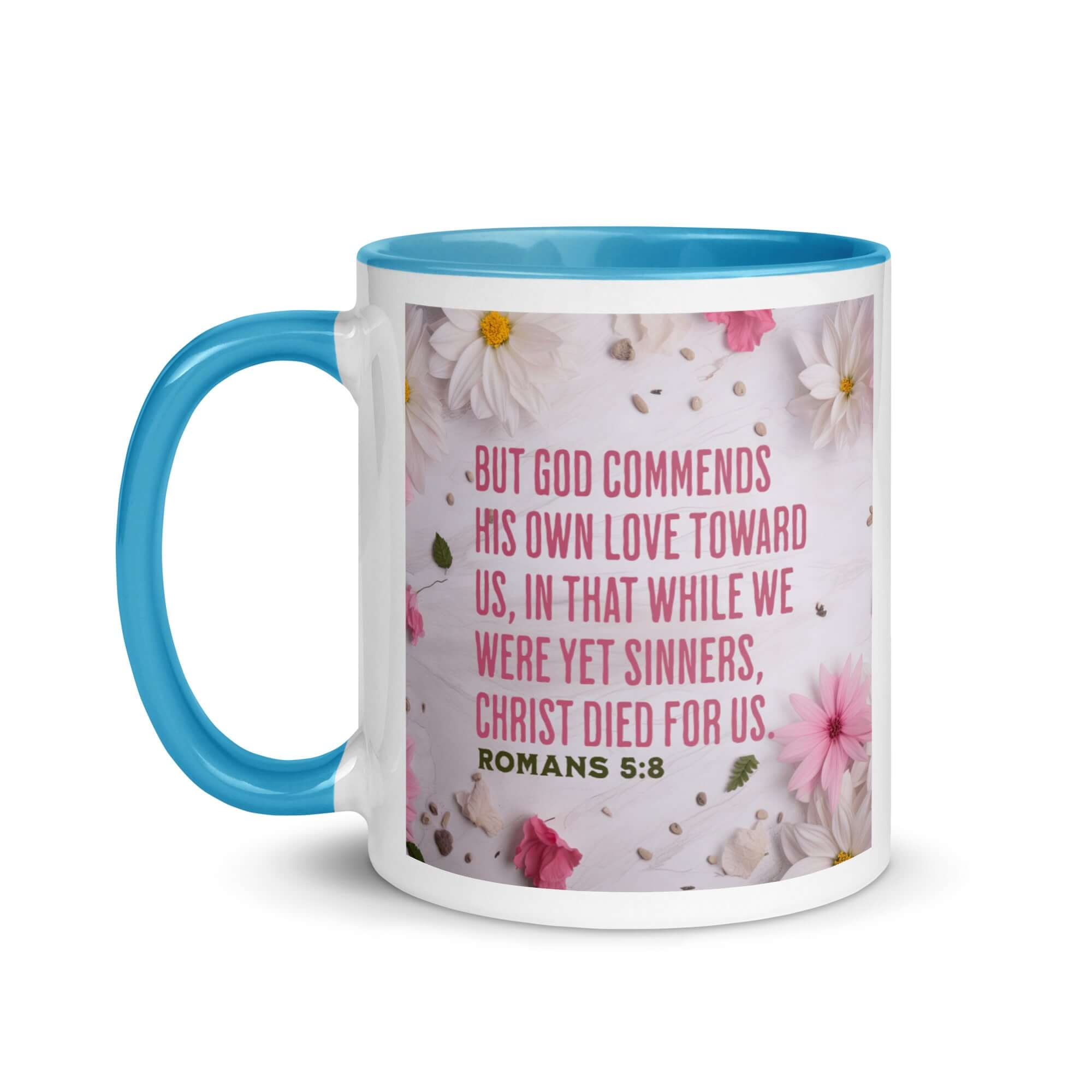 Romans 5:8 Bible Verse, Christ Died for Us White Ceramic Mug with Color Inside