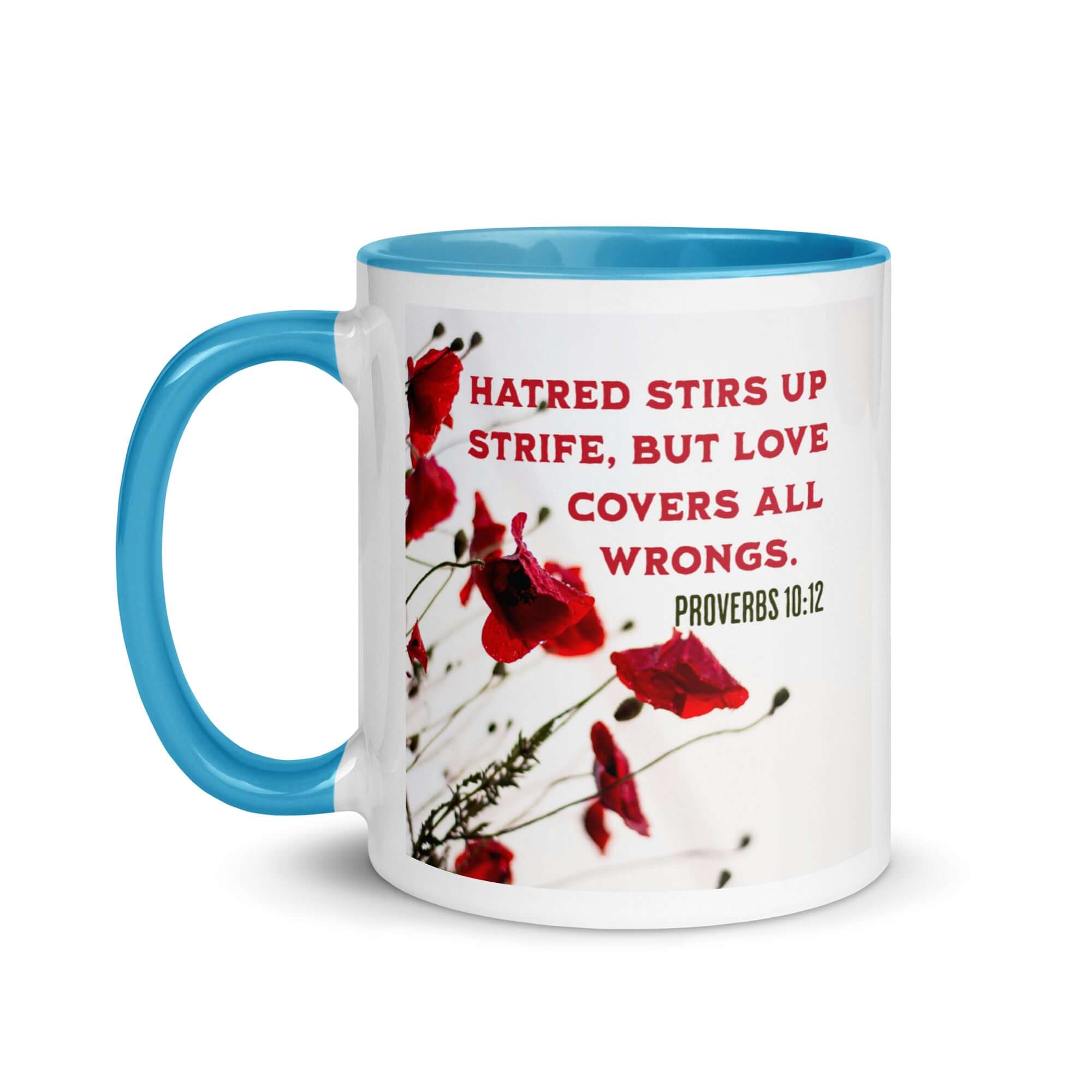 Proverbs 10:12 Bible Verse, Love Covers All White Ceramic Mug with Color Inside