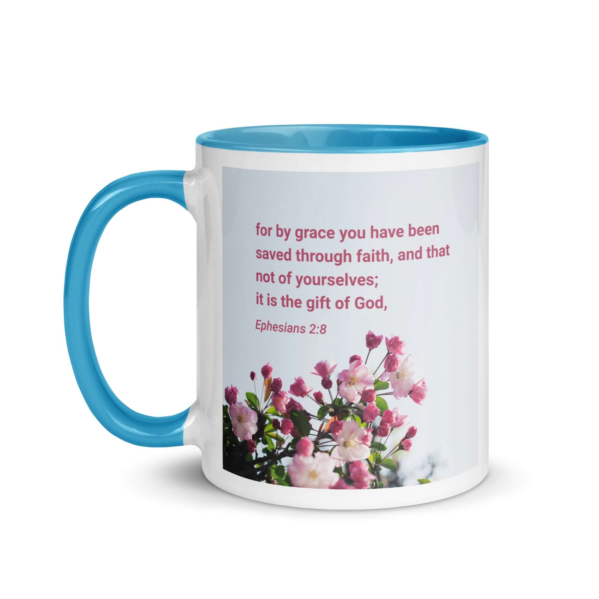 Ephesians 2:8 Bible Verse, saved through faith White Ceramic Mug with Color Inside
