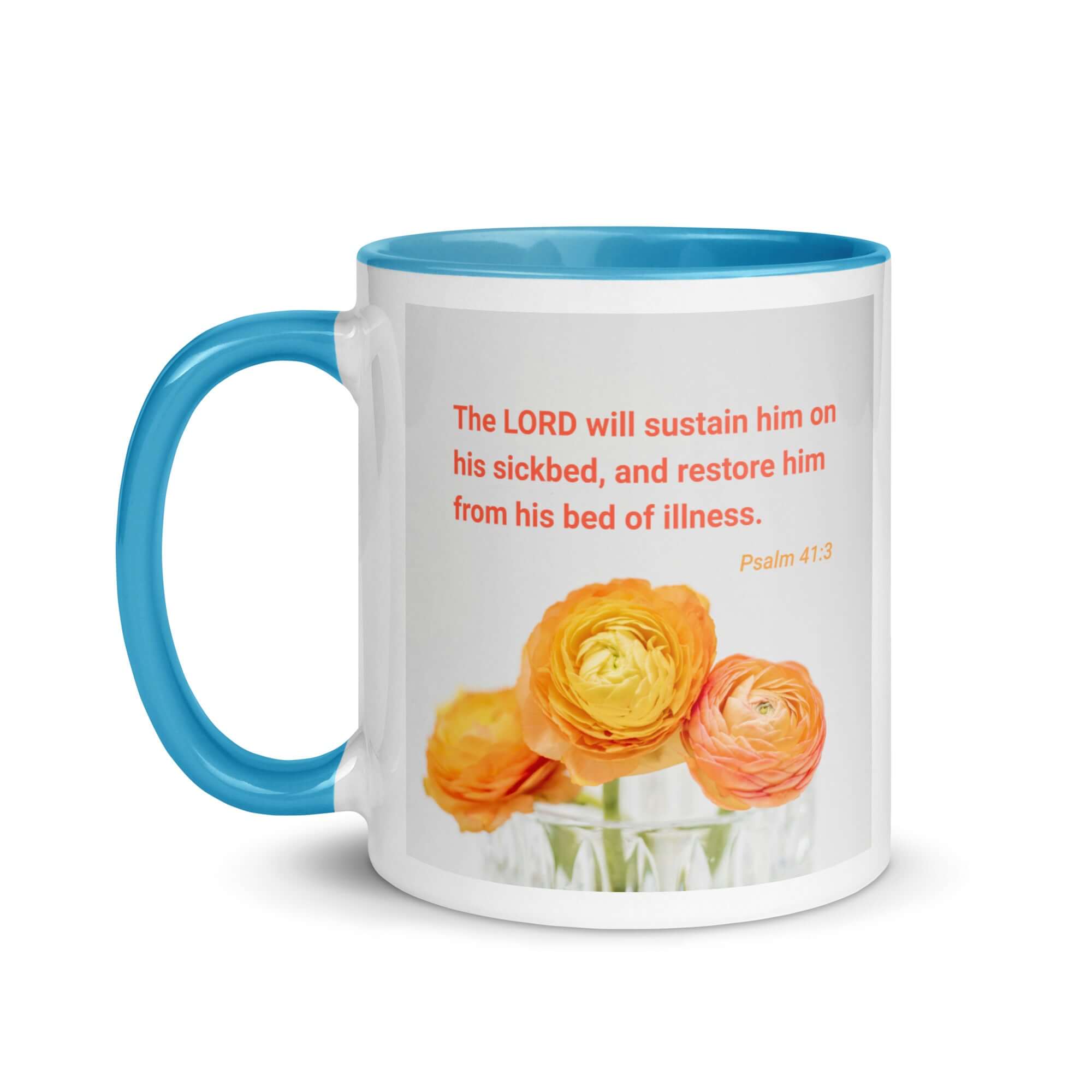 Psalm 41:3 Bible Verse, LORD will sustain White Ceramic Mug with Color Inside
