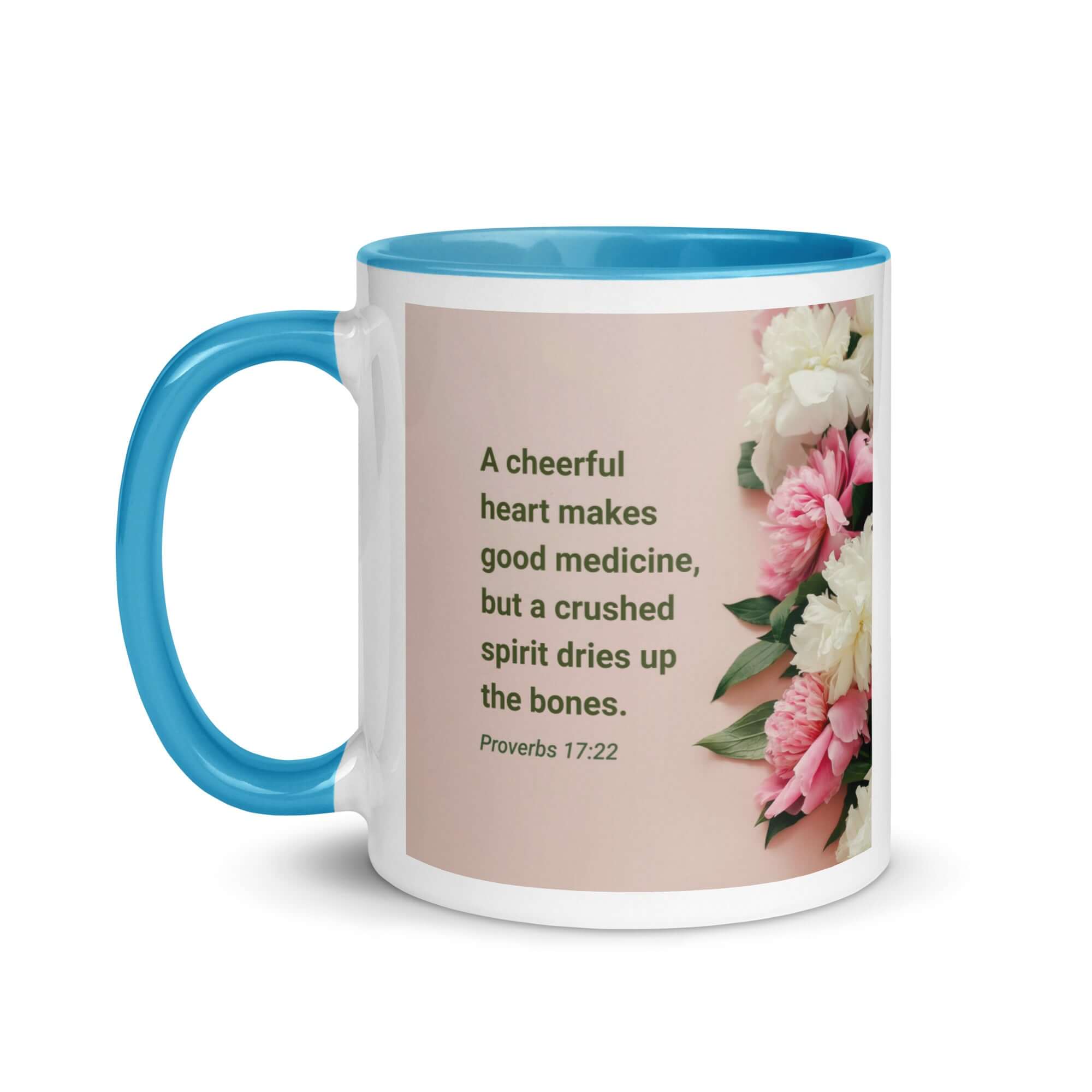 Proverbs 17:22 Bible Verse, good medicine White Ceramic Mug with Color Inside