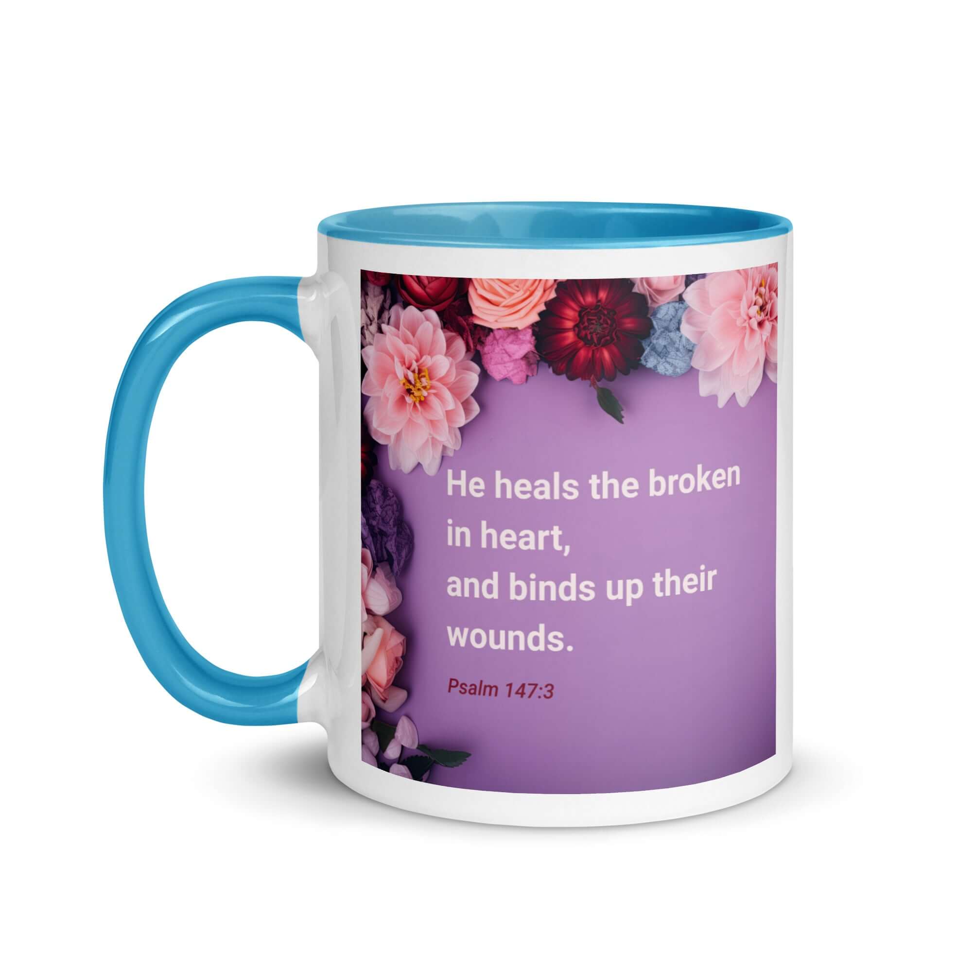 Psalm 147:3 Bible Verse, He heals the broken White Ceramic Mug with Color Inside