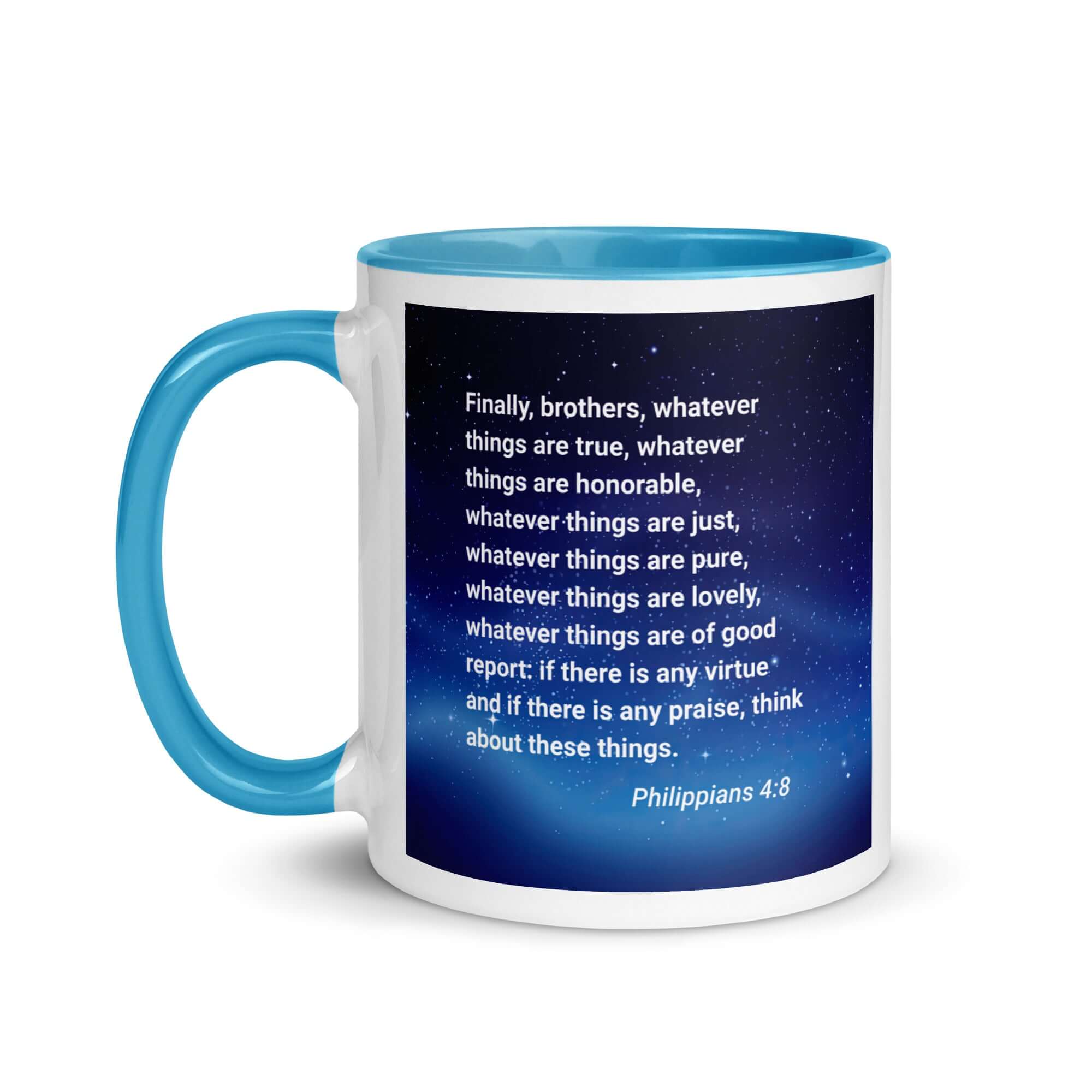 Philippians 4:8 Bible Verse, Think these things White Ceramic Mug with Color Inside