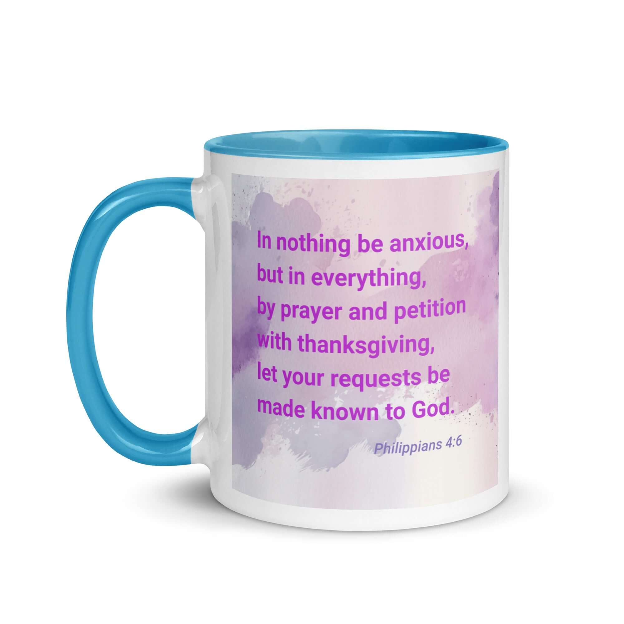 Philippians 4:6 Bible Verse, Prayer and Petition White Ceramic Mug with Color Inside