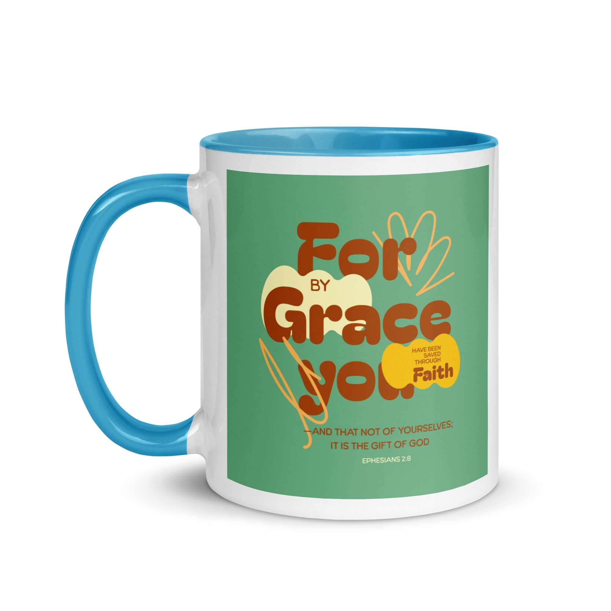 Ephesians 2:8 Bible Verse, for by grace White Ceramic Mug with Color Inside