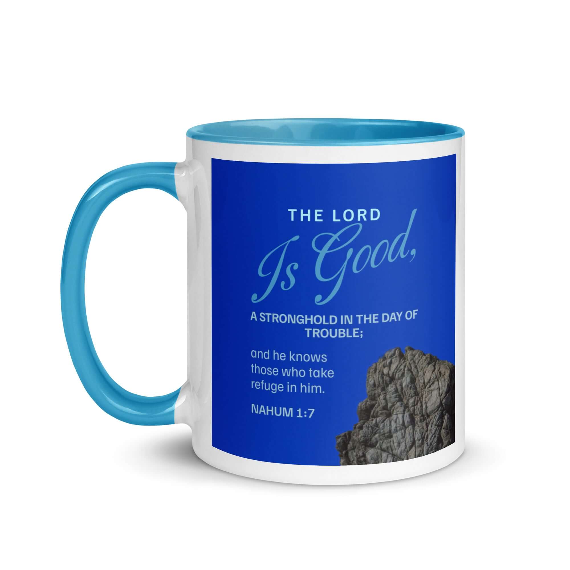 Nahum 1:7 Bible Verse, The LORD is a stronghold White Ceramic Mug with Color Inside