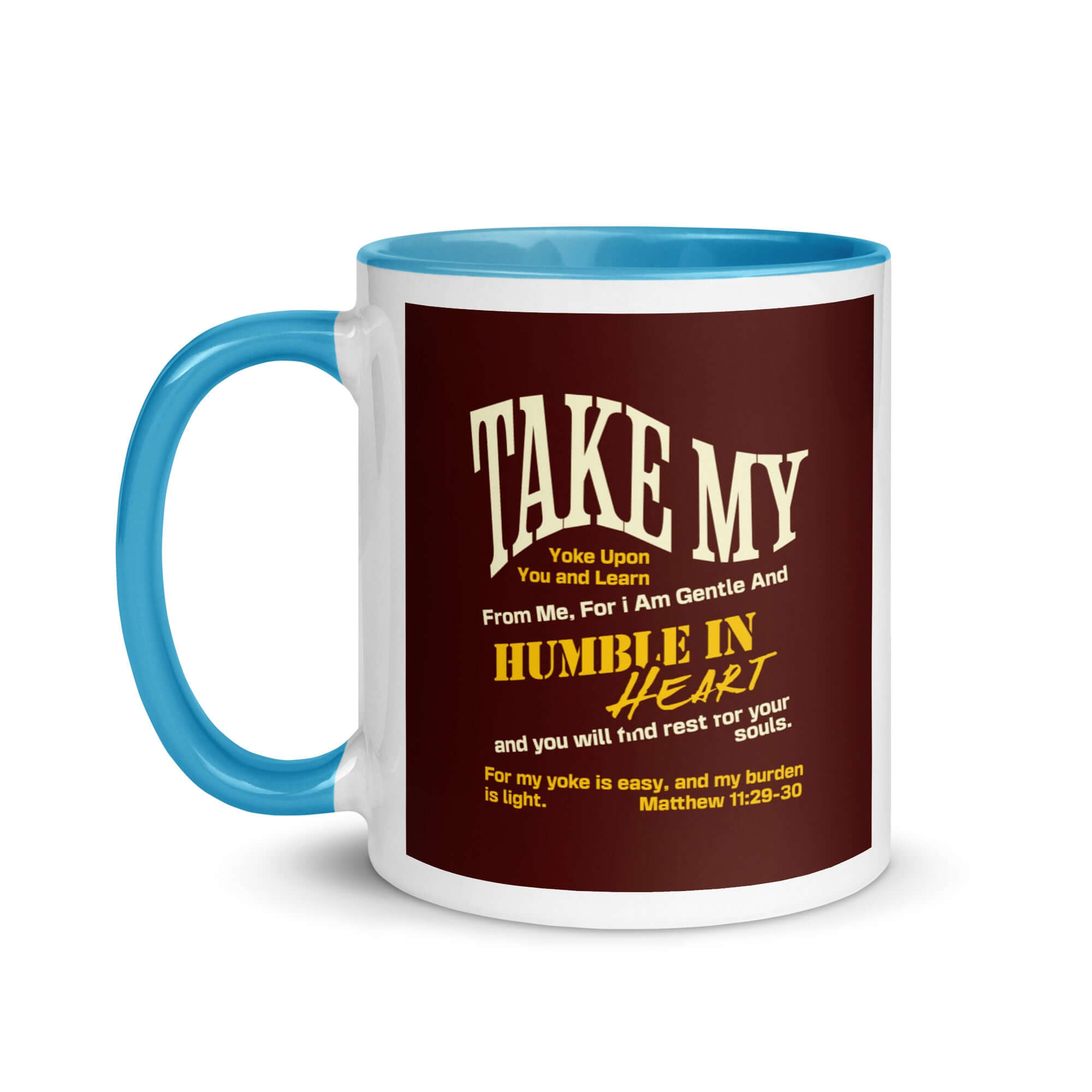 Matthew 11:29-30 Bible Verse, learn from me White Ceramic Mug with Color Inside