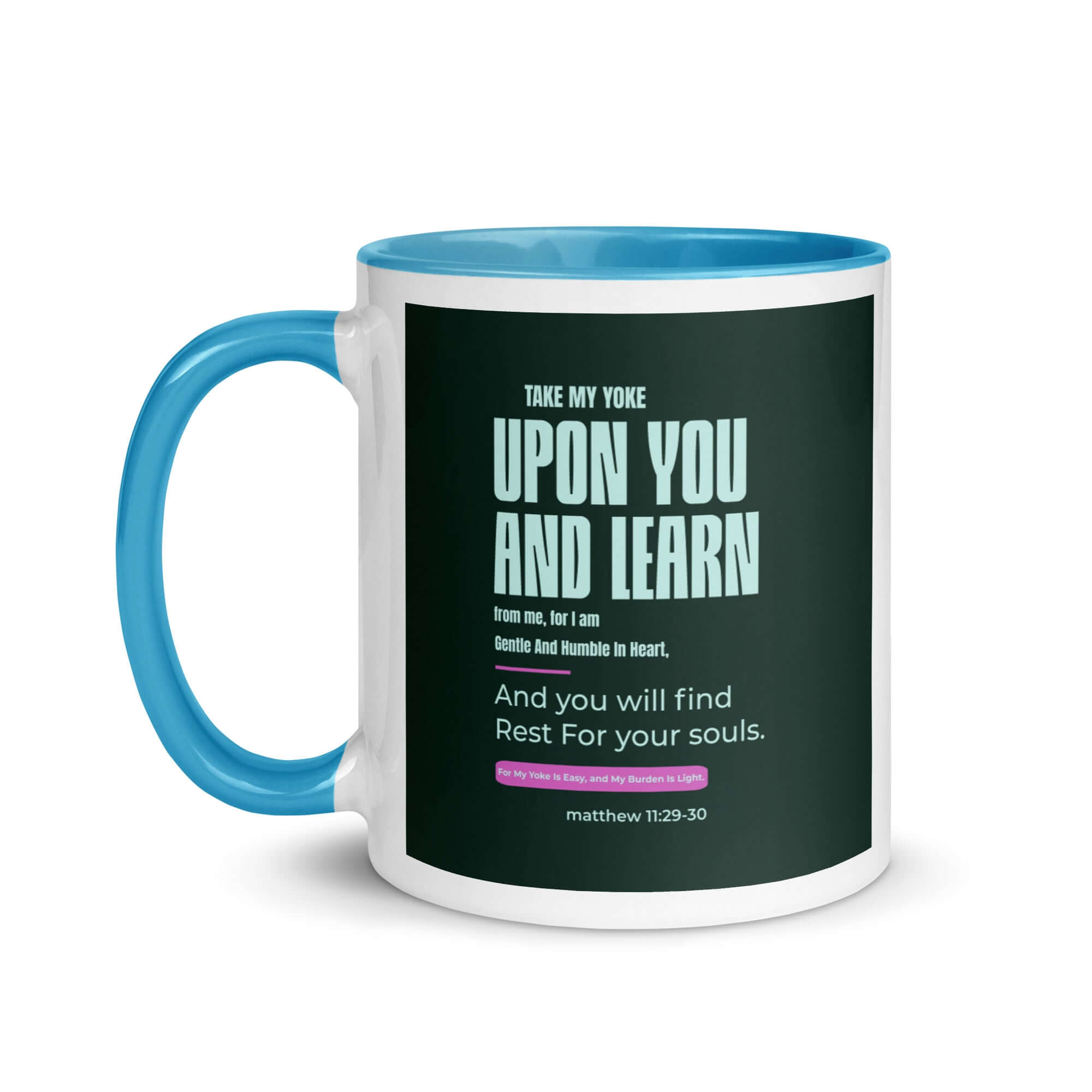 Matthew 11:29-30 Bible Verse, I am gentle White Ceramic Mug with Color Inside