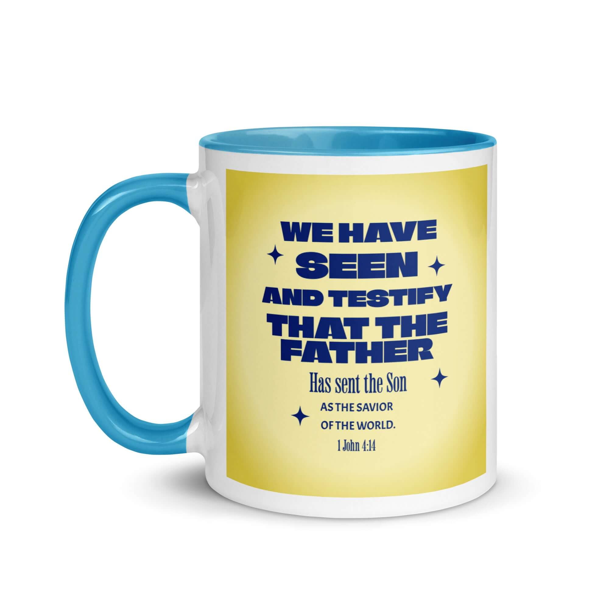 1 John 4:14 Bible Verse, Savior of the world White Ceramic Mug with Color Inside