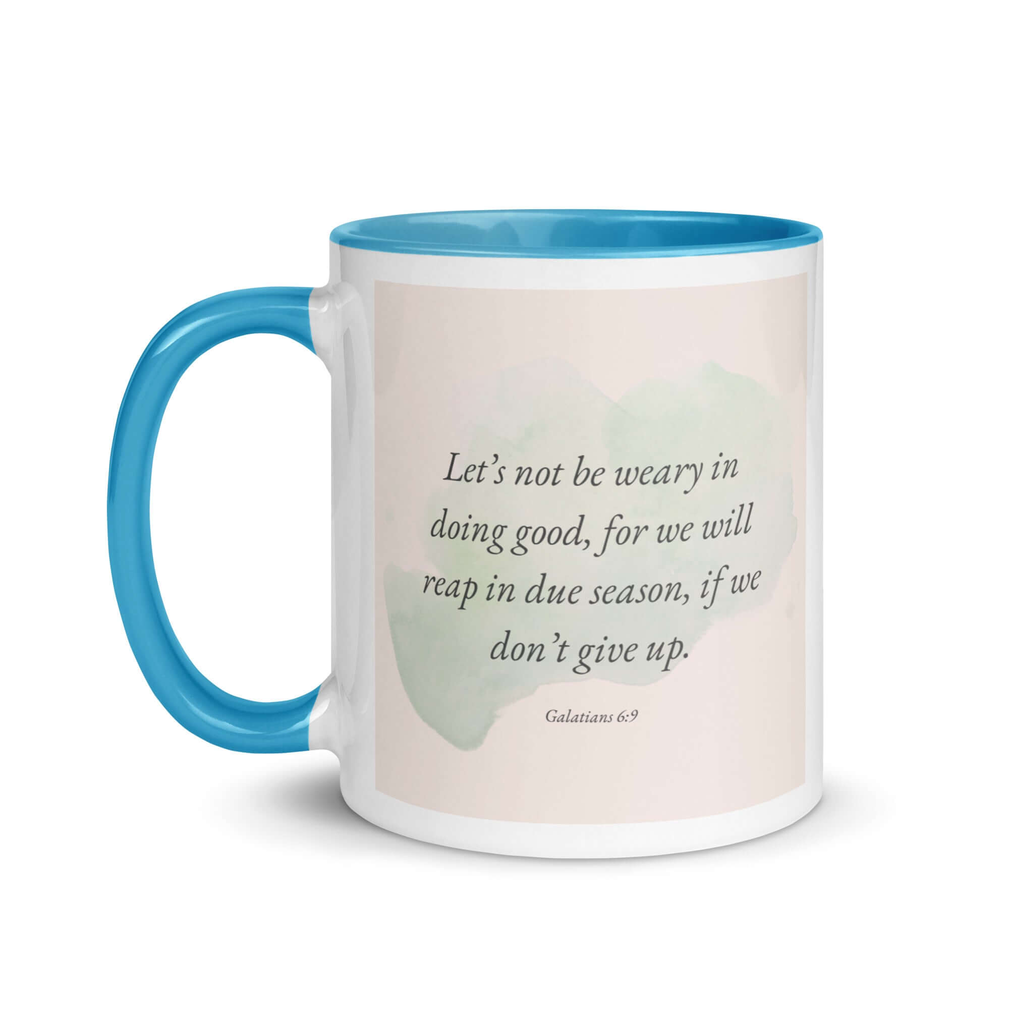 Galatians 6:9 Bible Verse, not be weary White Ceramic Mug with Color Inside