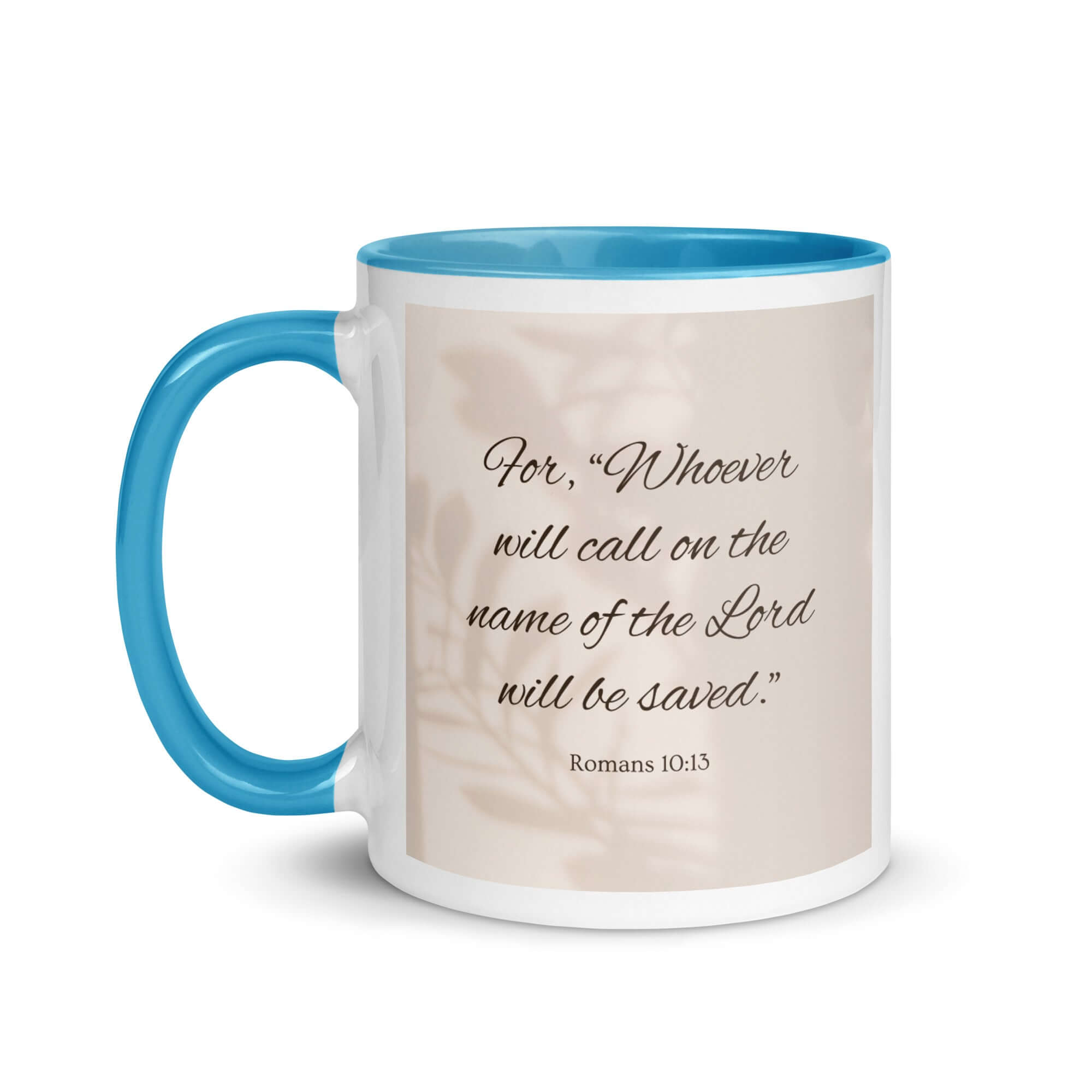 Romans 10:13 Bible Verse, Whoever White Ceramic Mug with Color Inside