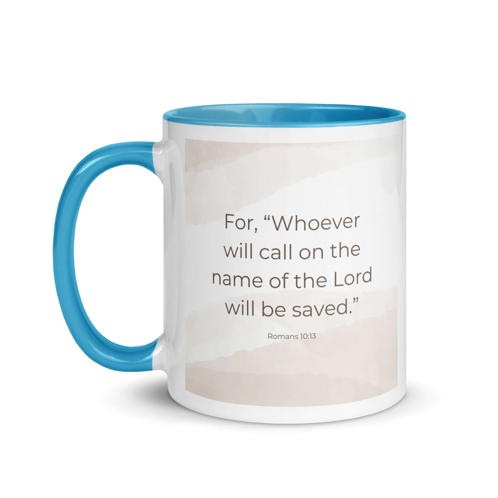 Romans 10:13 Bible Verse, the name White Ceramic Mug with Color Inside