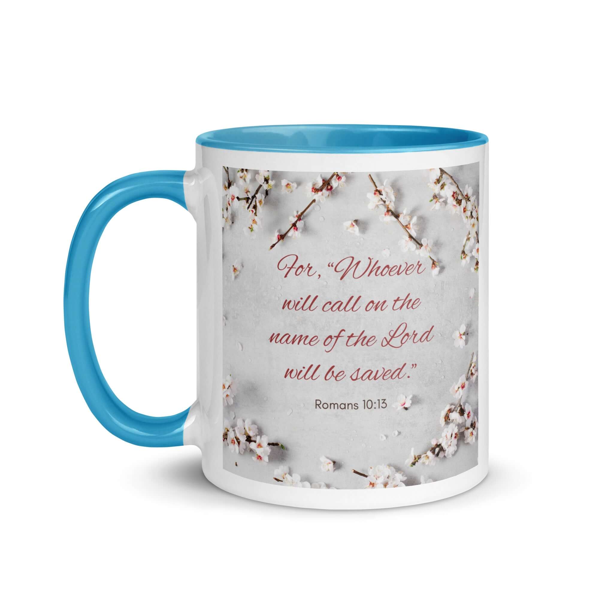 Romans 10:13 Bible Verse, the Lord White Ceramic Mug with Color Inside