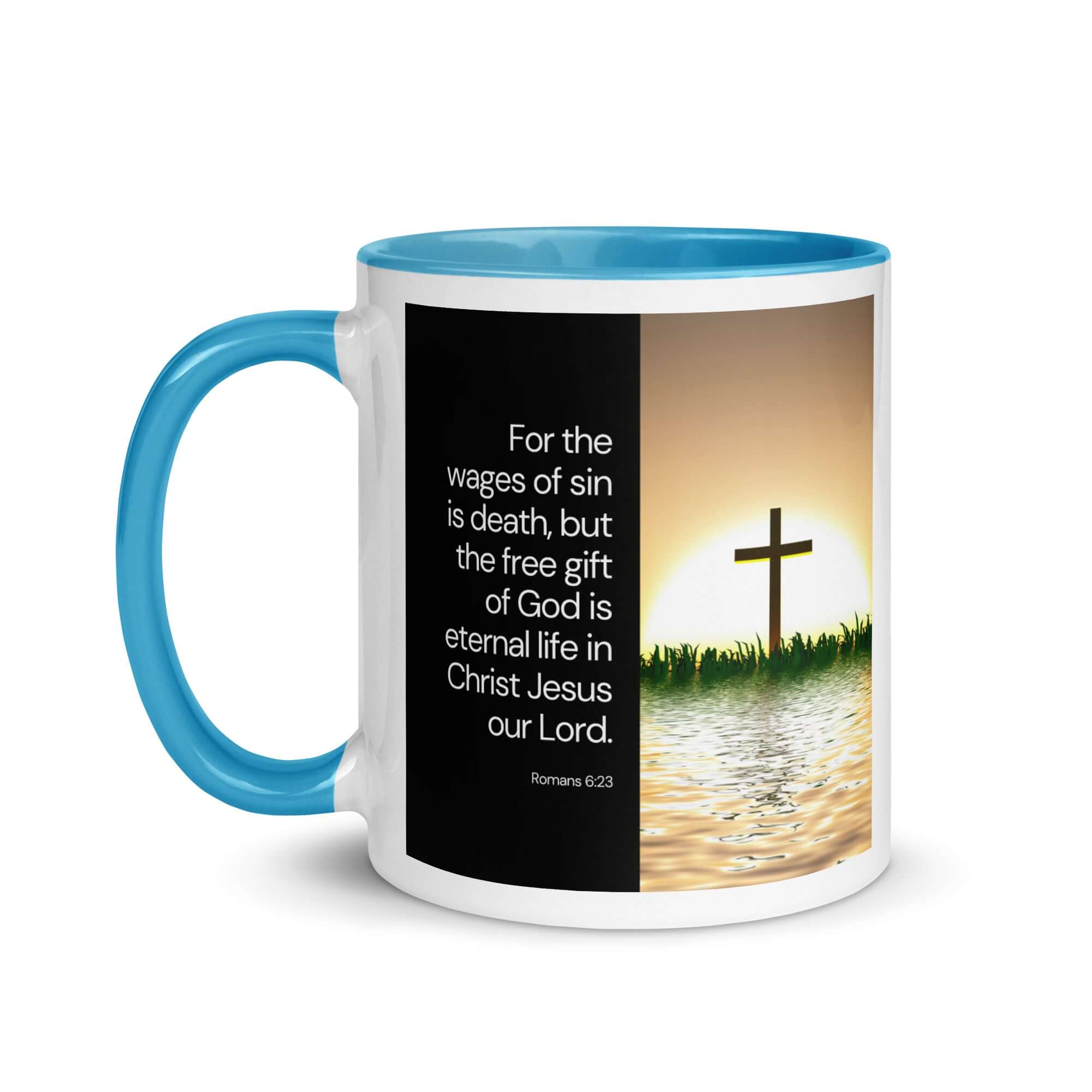 Romans 6:23 Bible Verse, the wages White Ceramic Mug with Color Inside