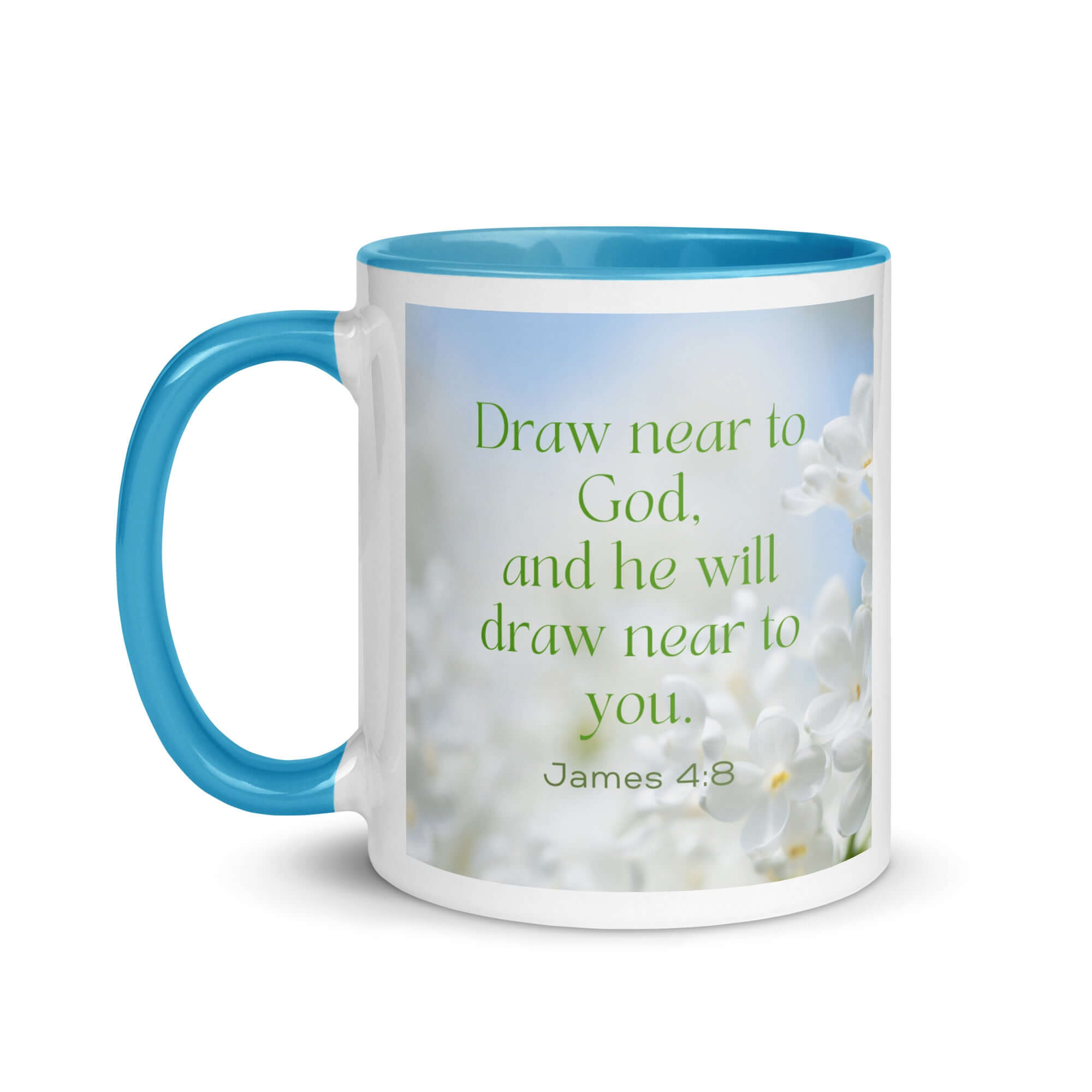 James 4:8 Bible Verse, Draw near White Ceramic Mug with Color Inside