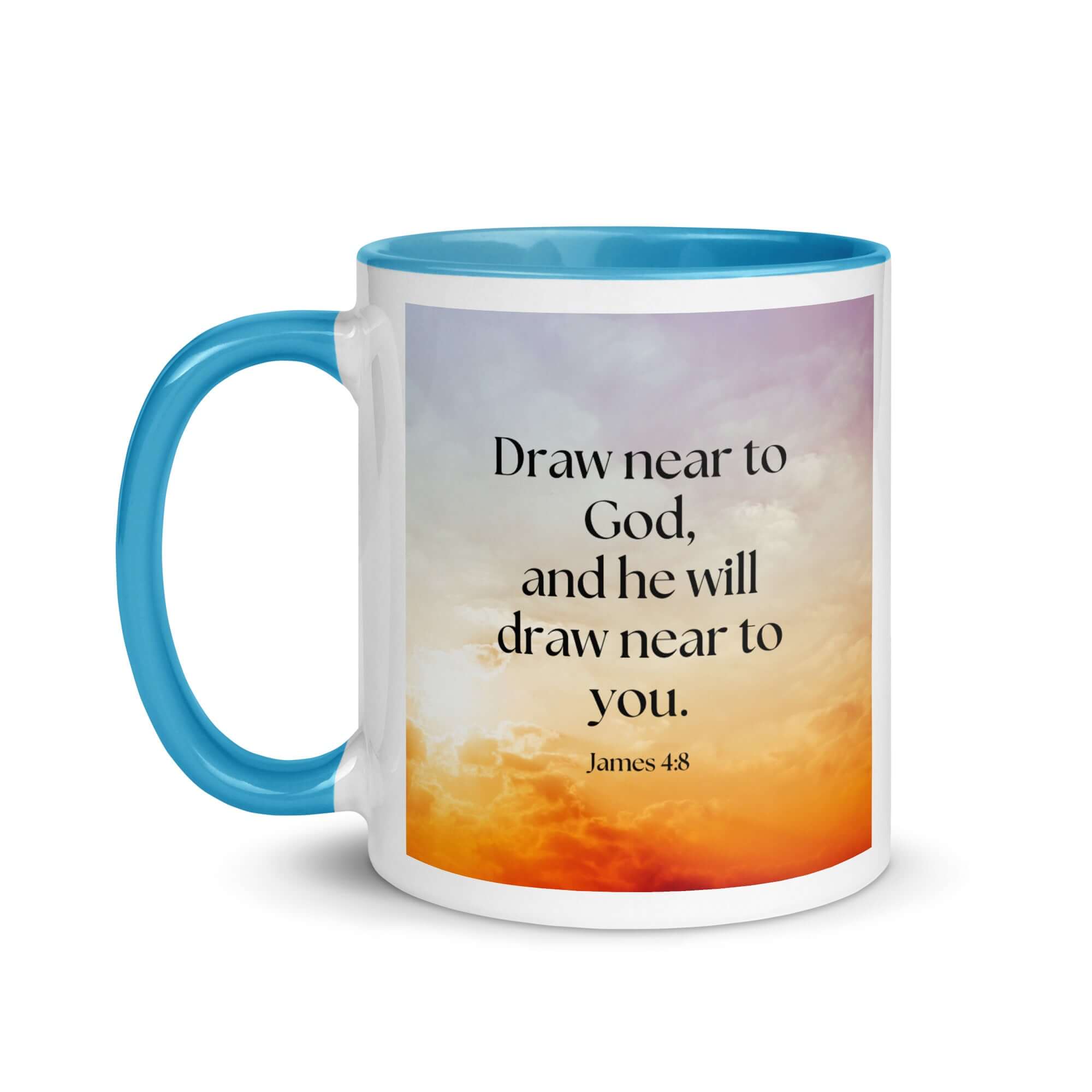 James 4:8 Bible Verse, he will draw White Ceramic Mug with Color Inside