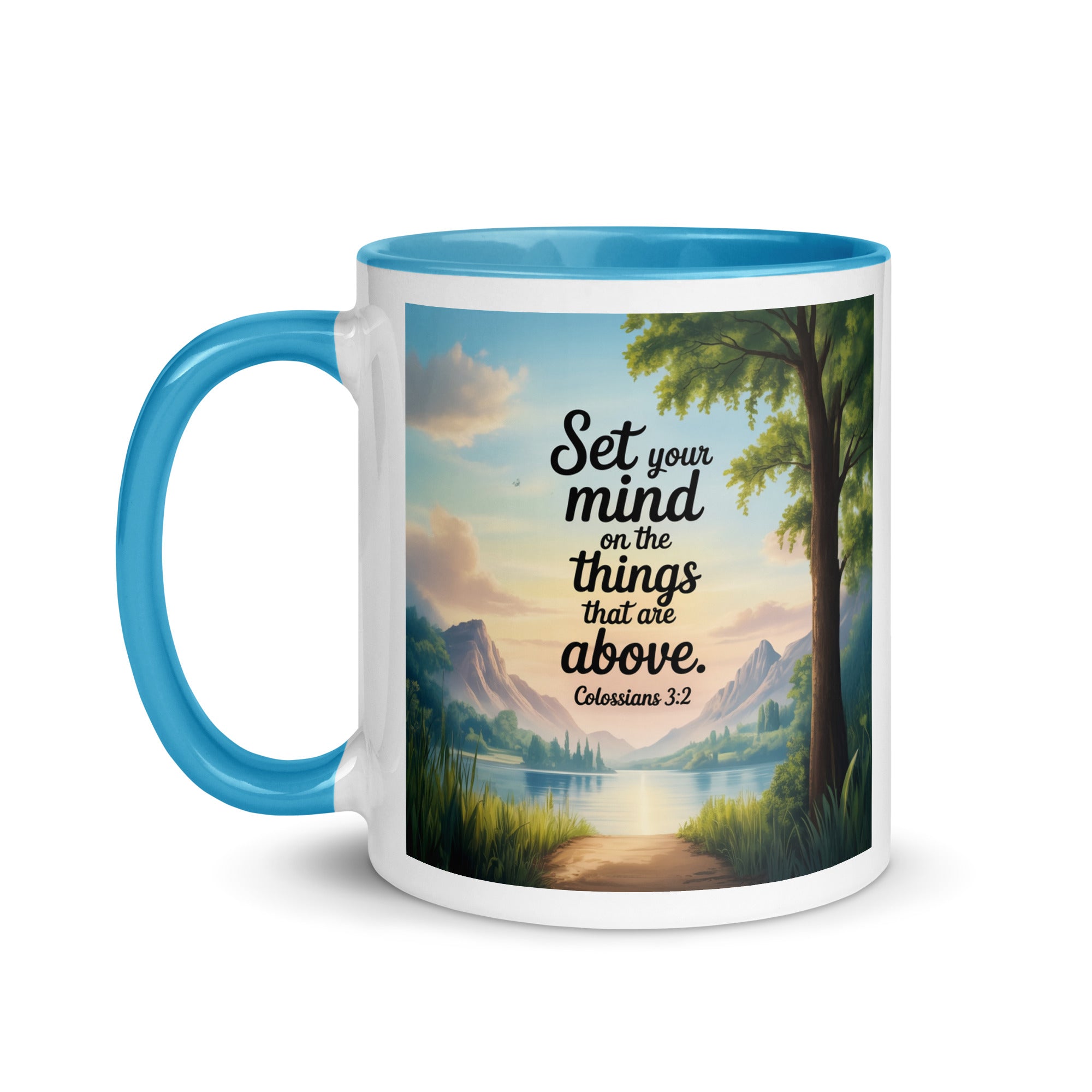 Colossians 3:2 Bible Verse Set White Ceramic Mug with Color Inside