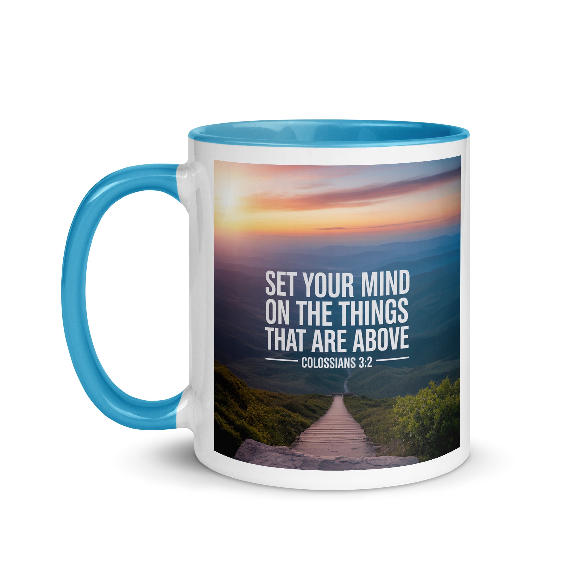 Colossians 3:2 Bible Verse your mind White Ceramic Mug with Color Inside