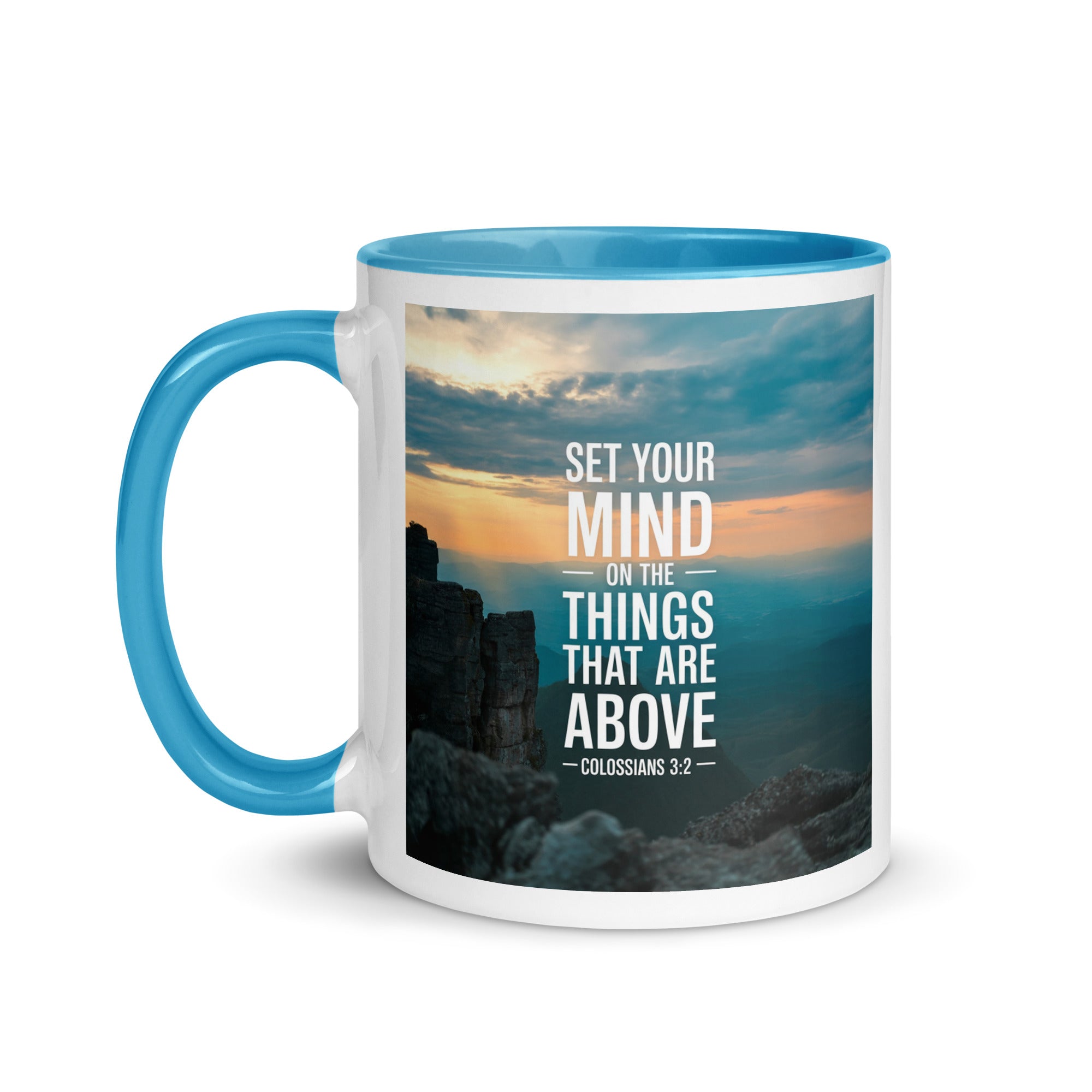 Colossians 3:2 Bible Verse on the White Ceramic Mug with Color Inside