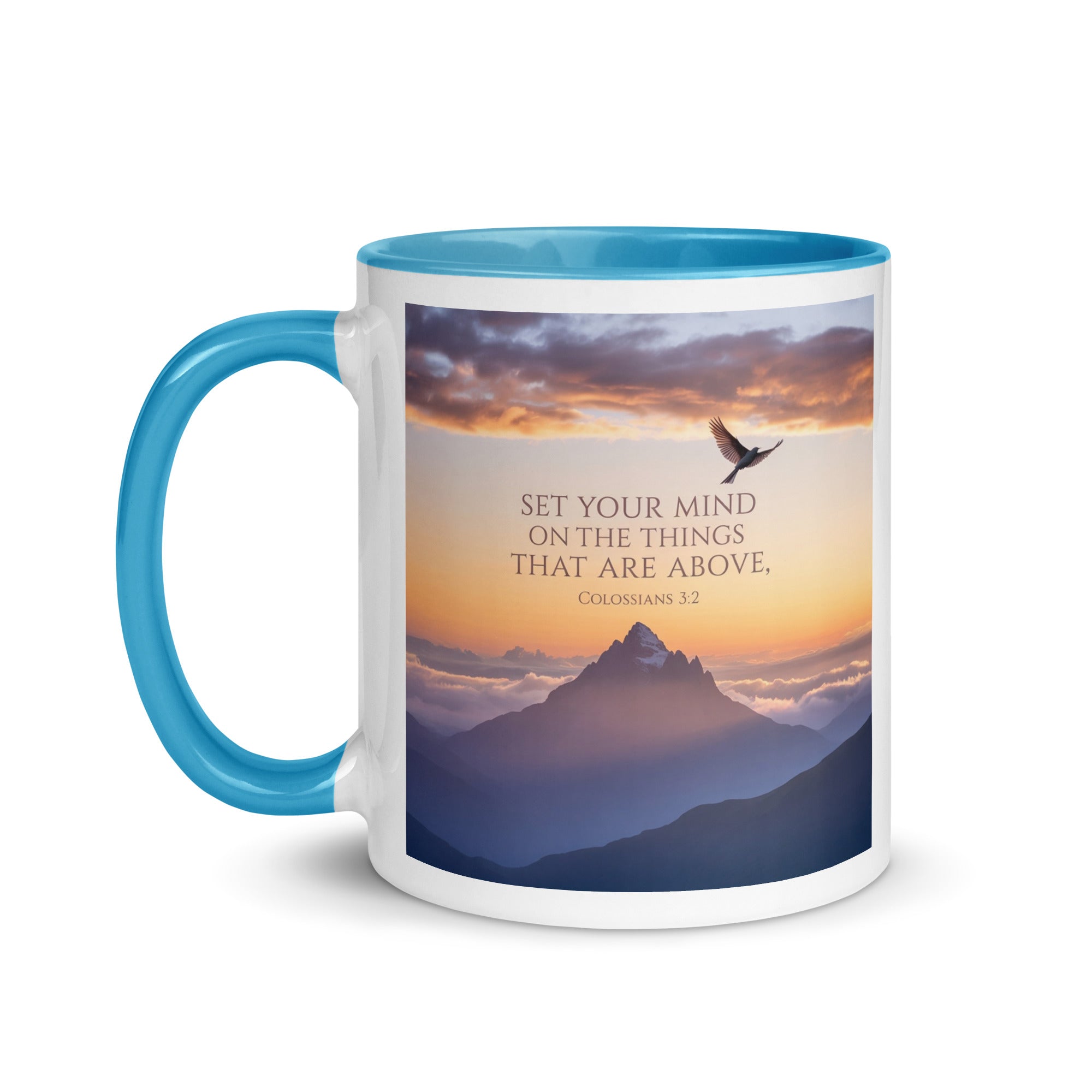 Colossians 3:2 Bible Verse are above White Ceramic Mug with Color Inside