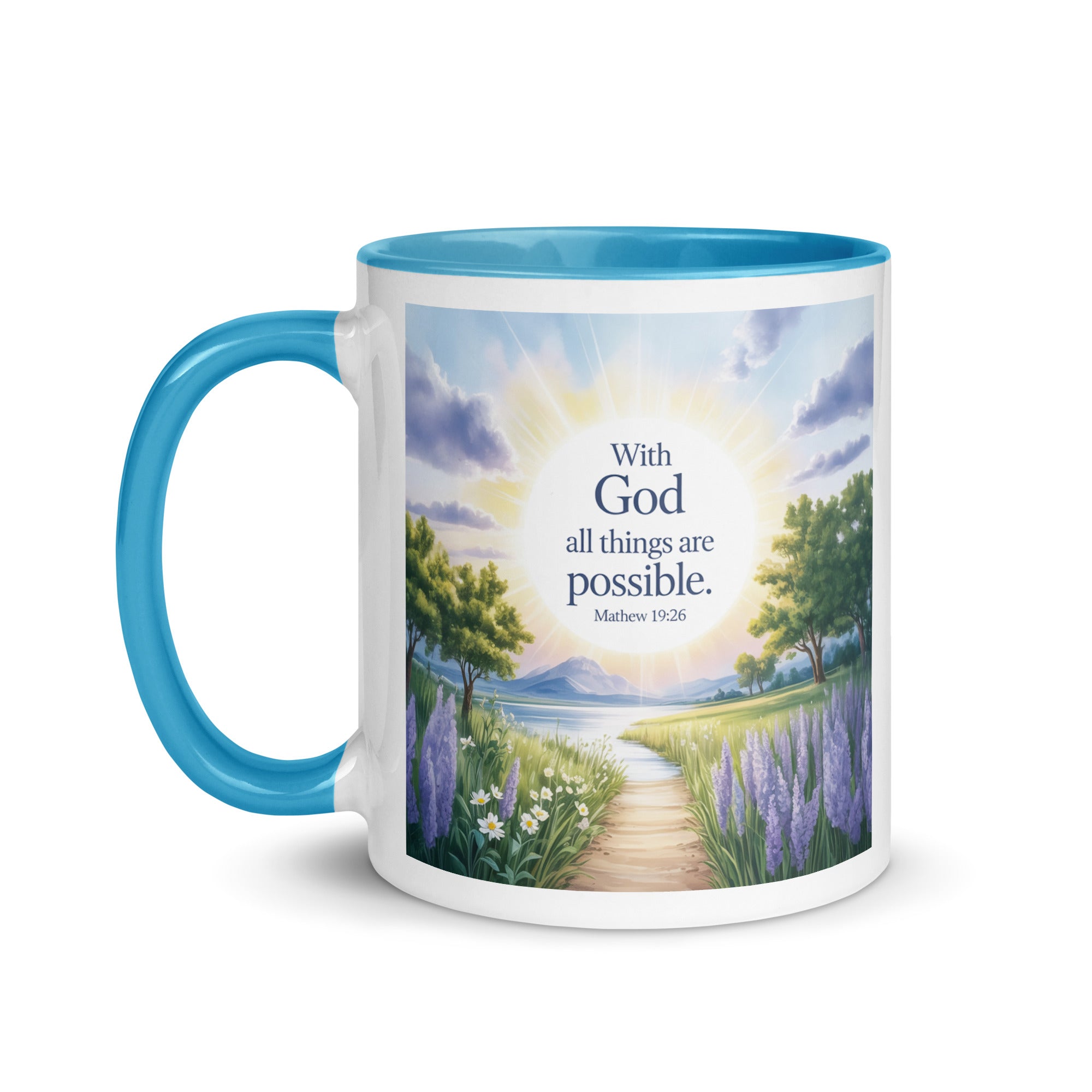 Matthew 19:26 Bible Verse Looking at White Ceramic Mug with Color Inside
