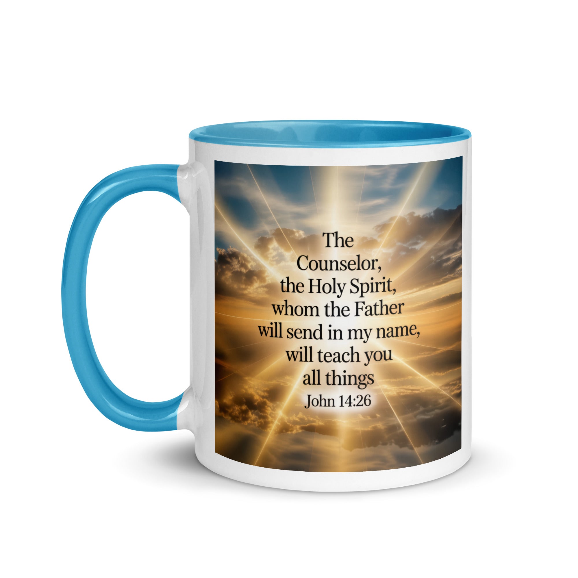 John 14:26 Bible Verse will send White Ceramic Mug with Color Inside