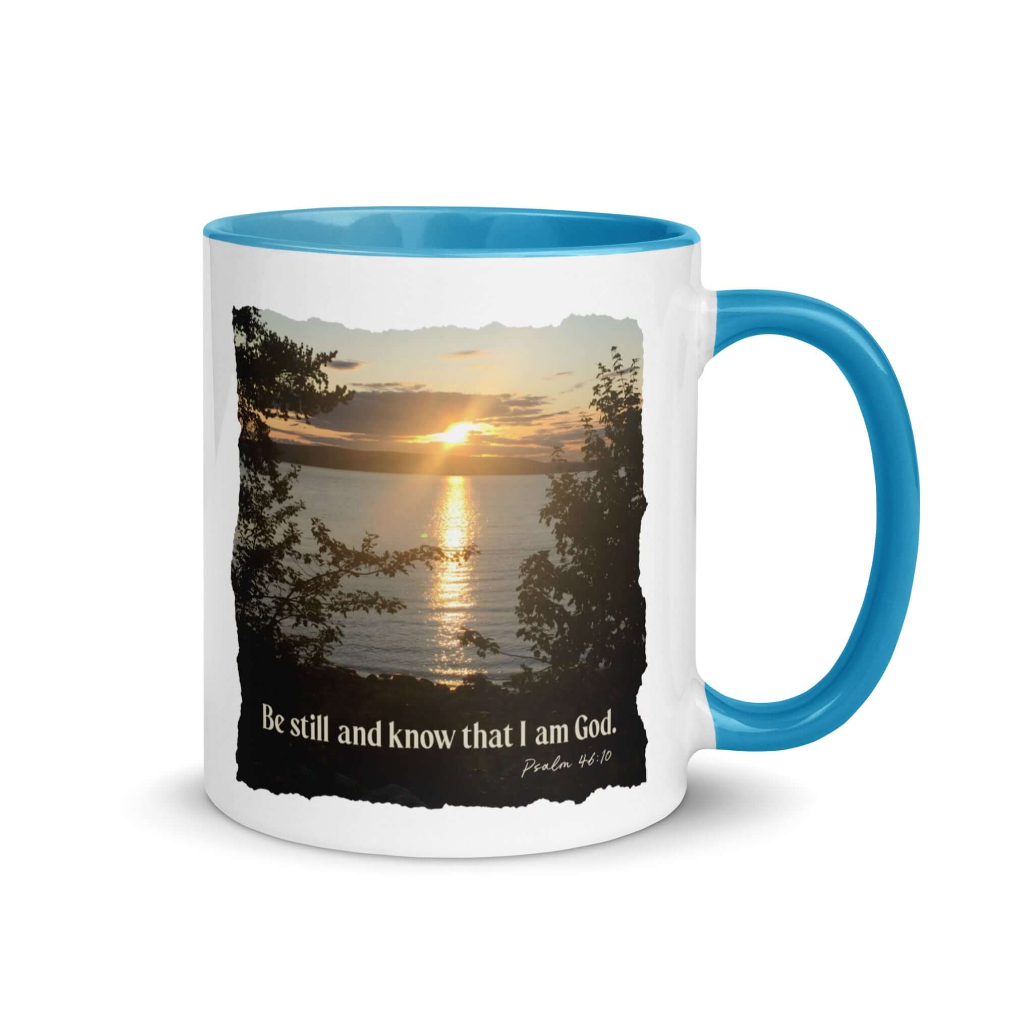 Psalm 46:10 Bible Verse, Sunset Glory White Ceramic Mug with Color Inside Blue 11 oz