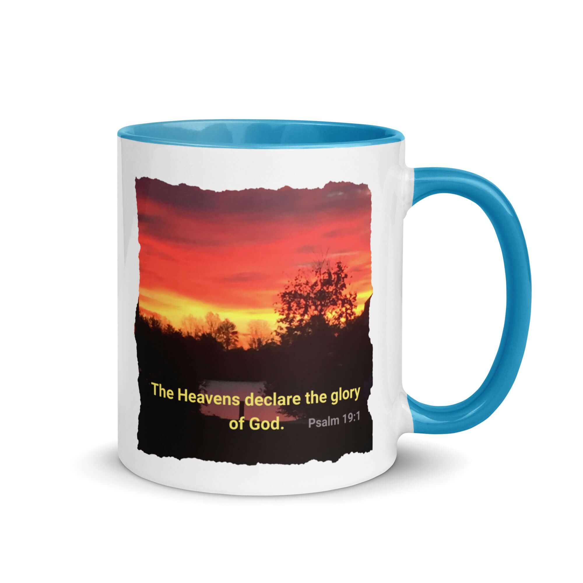 Psalm 19:1 Bible Verse, Sunset Glory White Ceramic Mug with Color Inside Blue 11 oz