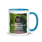 Revelation 3:20 Bible Verse, Garden Doorway White Ceramic Mug with Color Inside Blue 11 oz