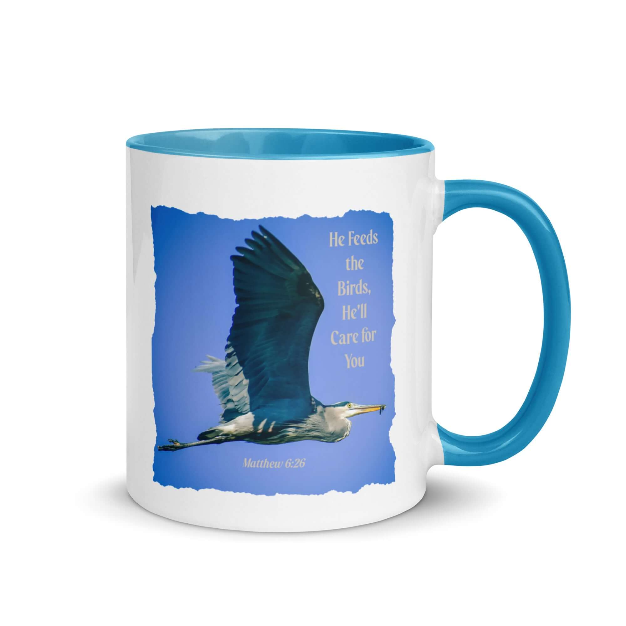 Matthew 6:26 Graceful Heron, He'll Care for You White Ceramic Mug with Color Inside Blue 11 oz