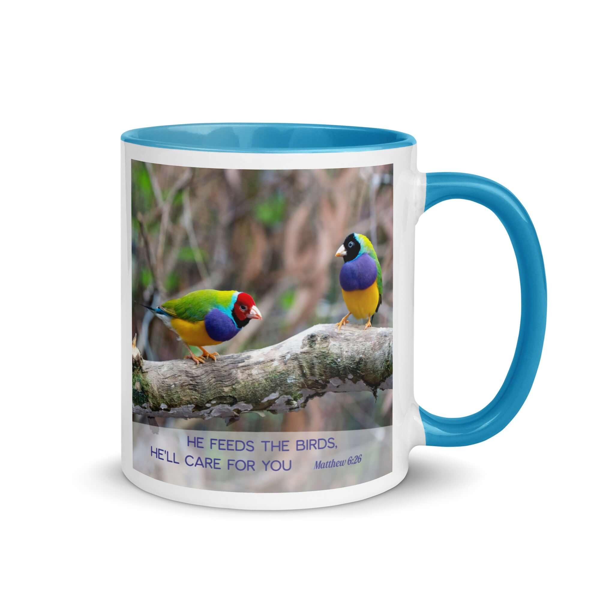 Matthew 6:26 Gouldian Finches, He'll Care for You White Ceramic Mug with Color Inside Blue 11 oz