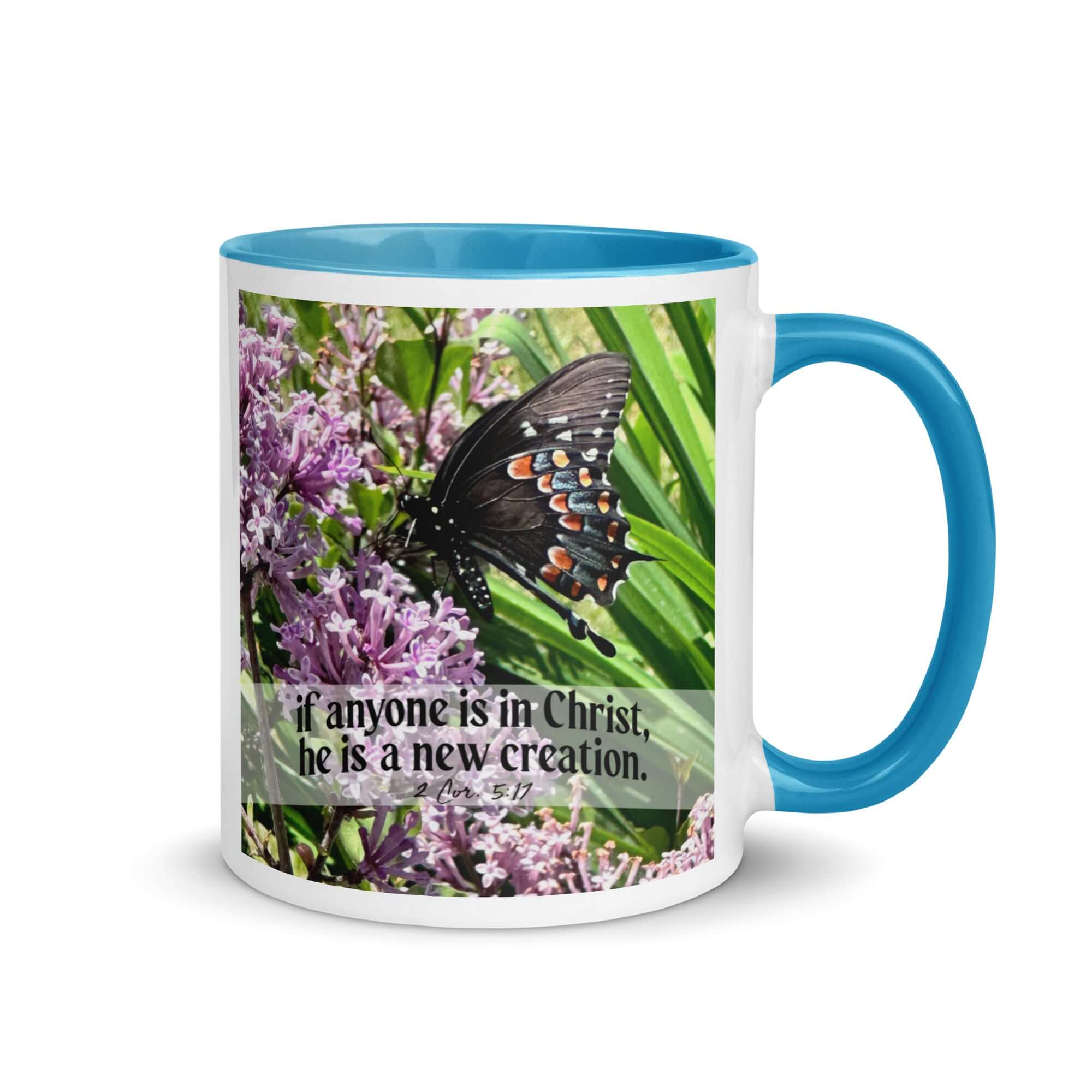2 Corinthians 5:17 Bible Verse, Butterfly White Ceramic Mug with Color Inside Blue 11 oz