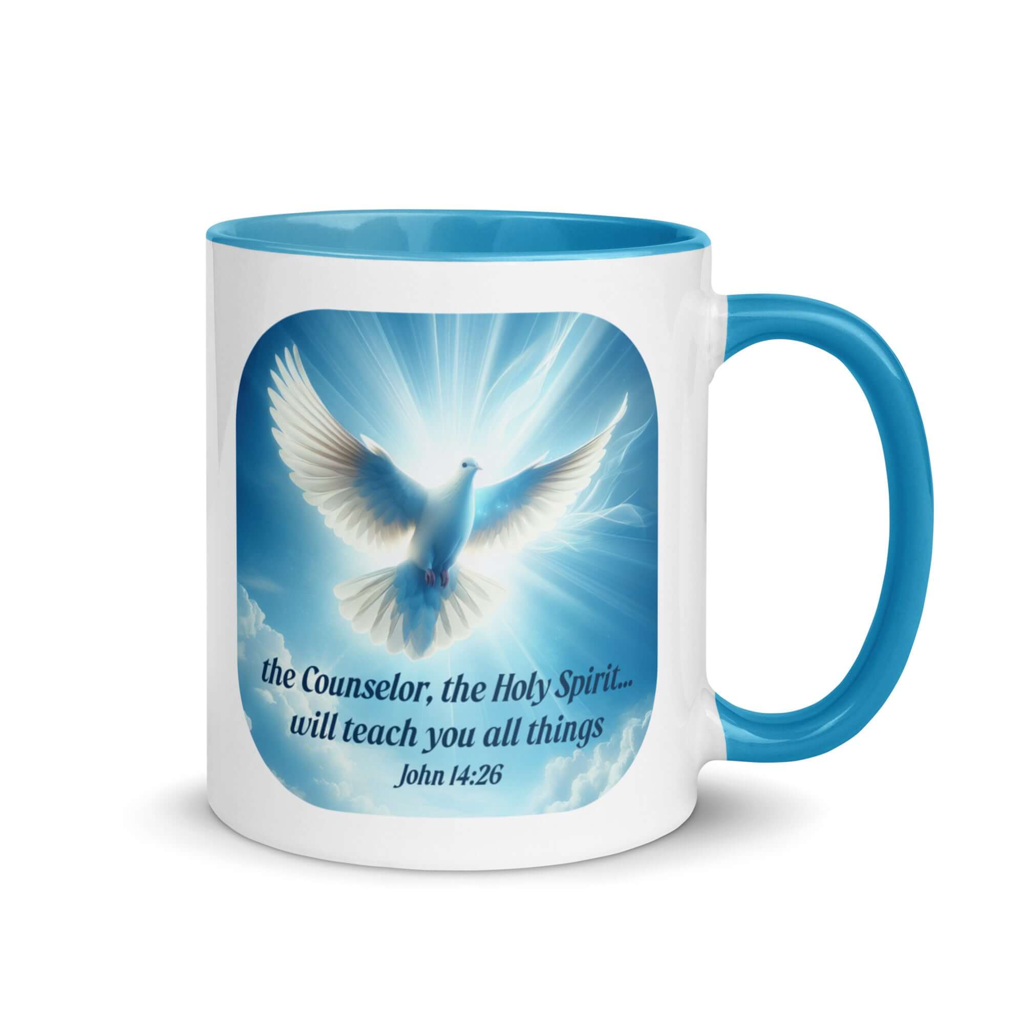John 14:26 Bible Verse, Holy Spirit Dove White Ceramic Mug with Color Inside Blue 11 oz