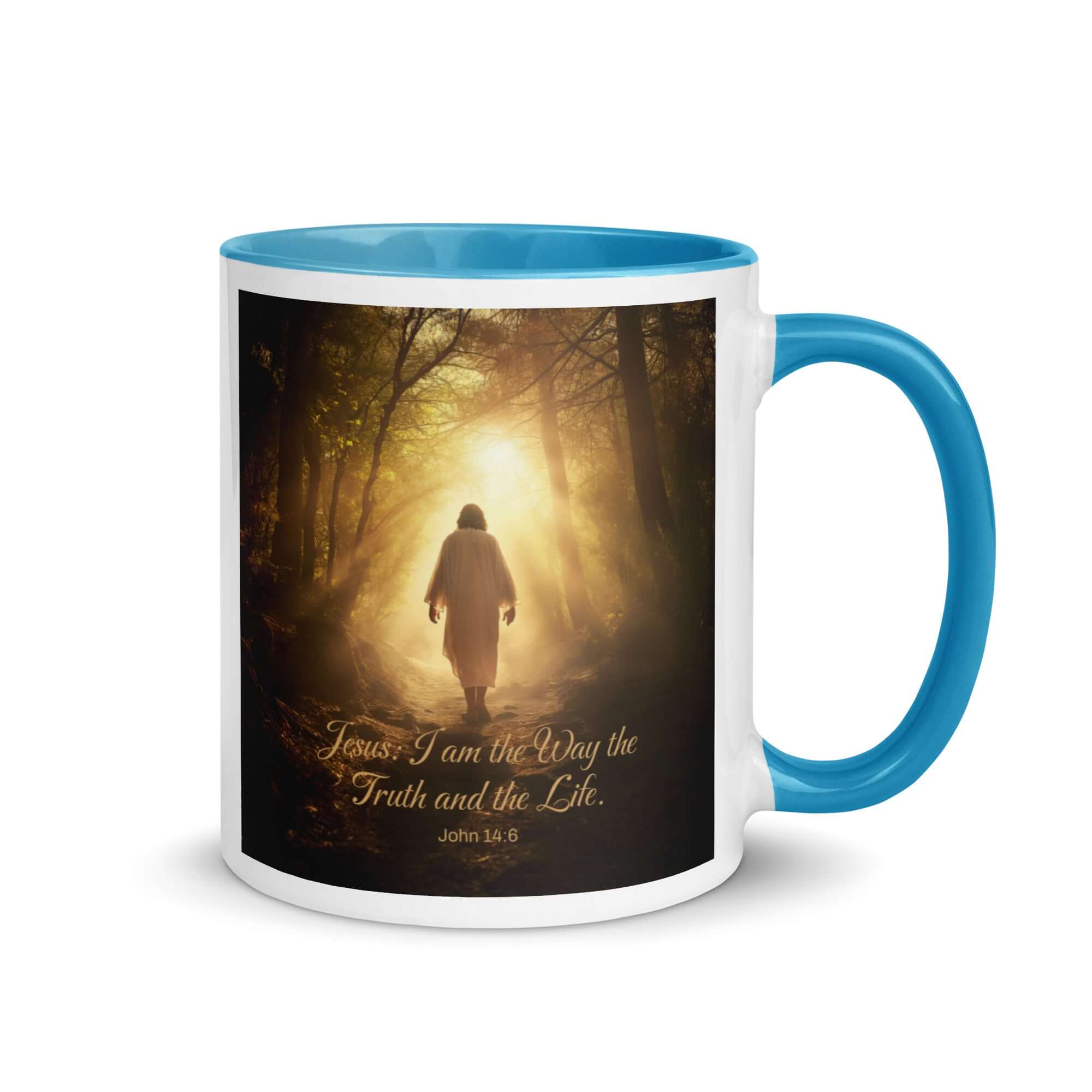 John 14:6 Bible Verse, Forest Image White Ceramic Mug with Color Inside Blue 11 oz