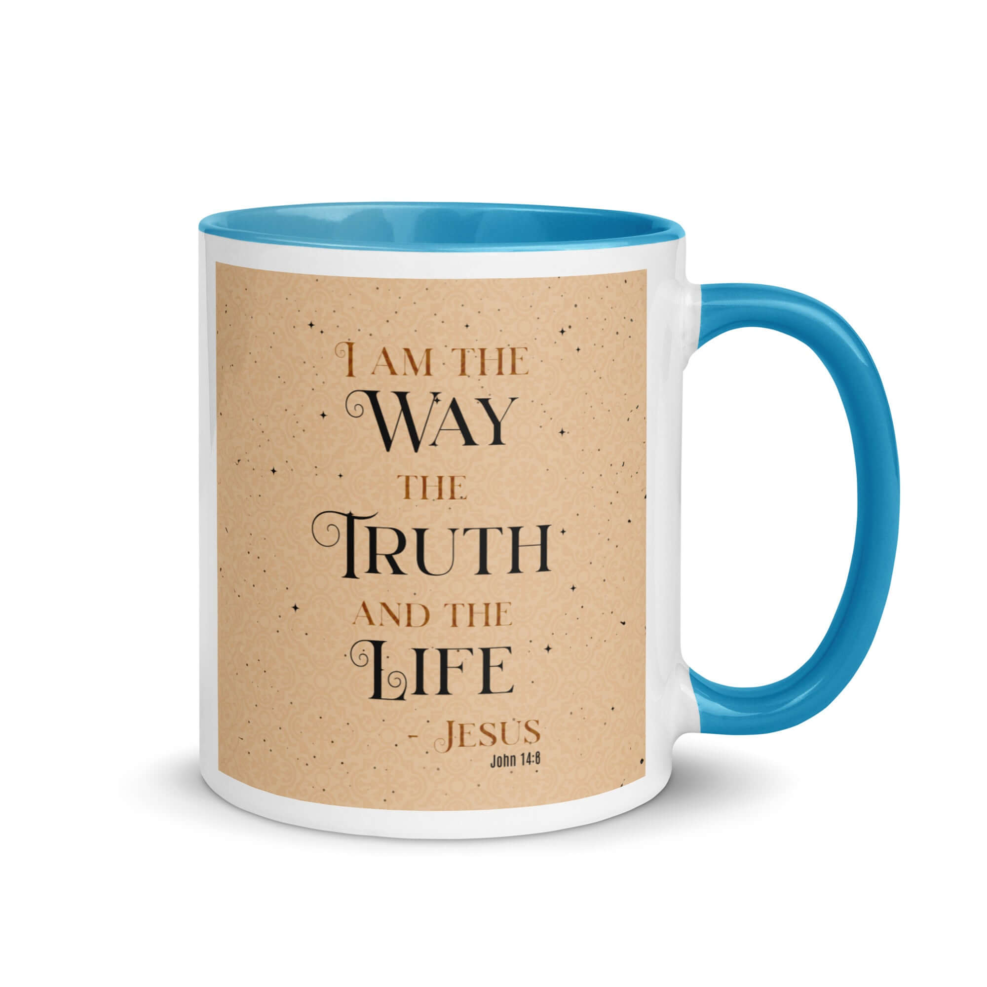 John 14:6 Bible Verse, Color Text Brown Background White Ceramic Mug with Color Inside Blue 11 oz
