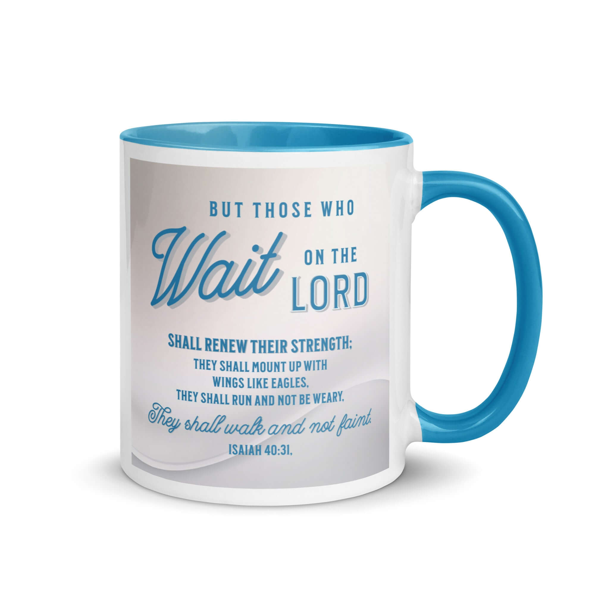 Isaiah 40:31 Bible Verse, Wings like Eagles White Ceramic Mug with Color Inside Blue 11 oz