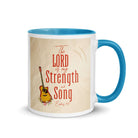 Exodus 15:2 Bible Verse, The LORD is my strength White Ceramic Mug with Color Inside Blue 11 oz