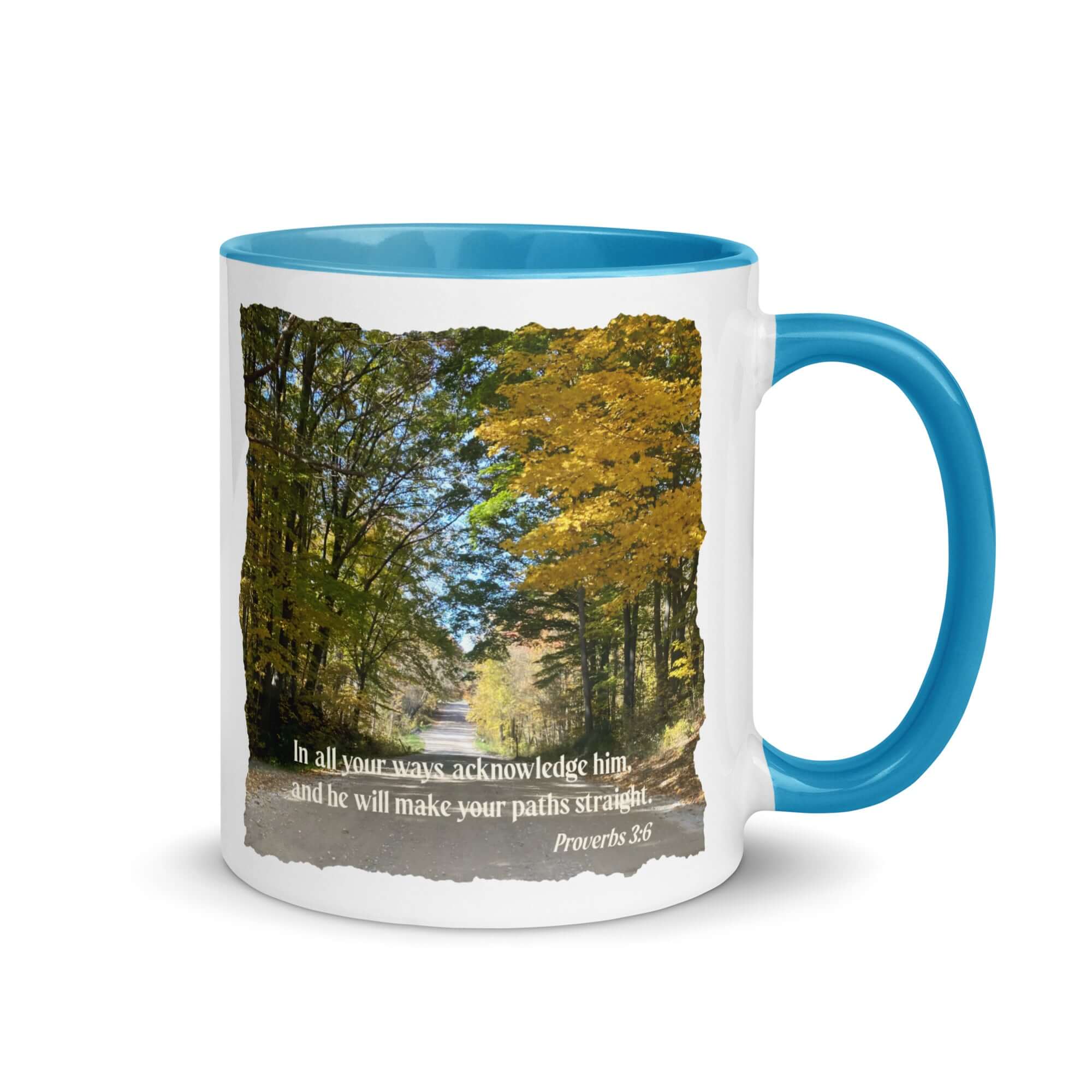 Proverbs 3:6 Bible Verse, Fall Road White Ceramic Mug with Color Inside Blue 11 oz