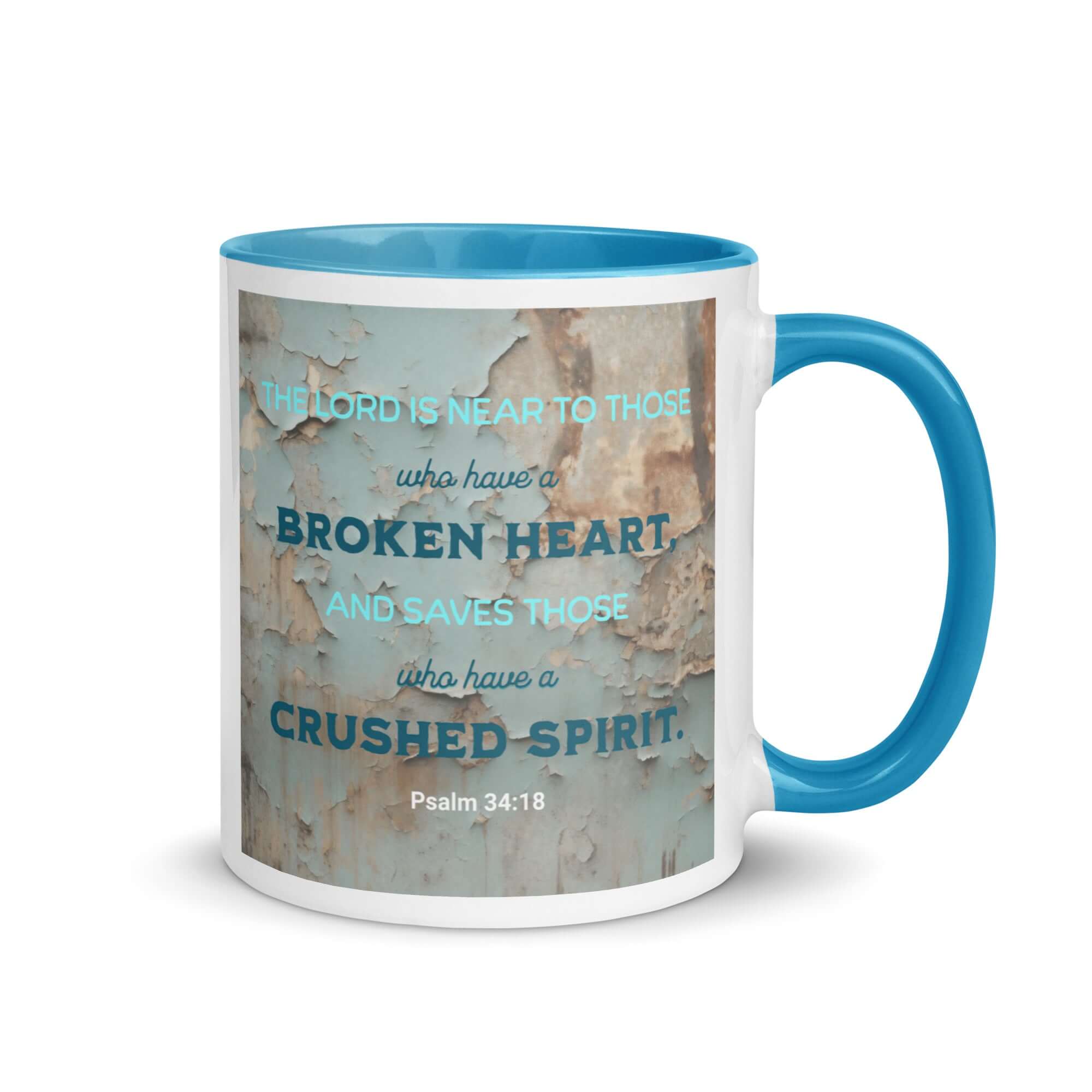 Psalm 34:18 Bible Verse, The LORD is Near White Ceramic Mug with Color Inside Blue 11 oz