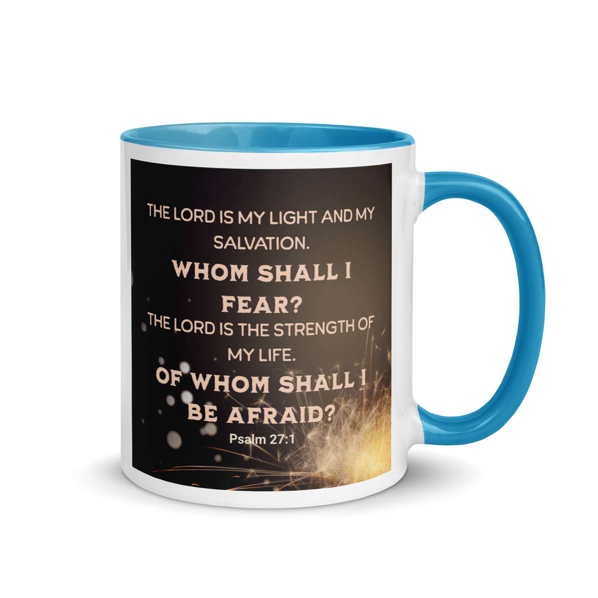 Psalm 27:1 Bible Verse, The LORD is My Light White Ceramic Mug with Color Inside Blue 11 oz